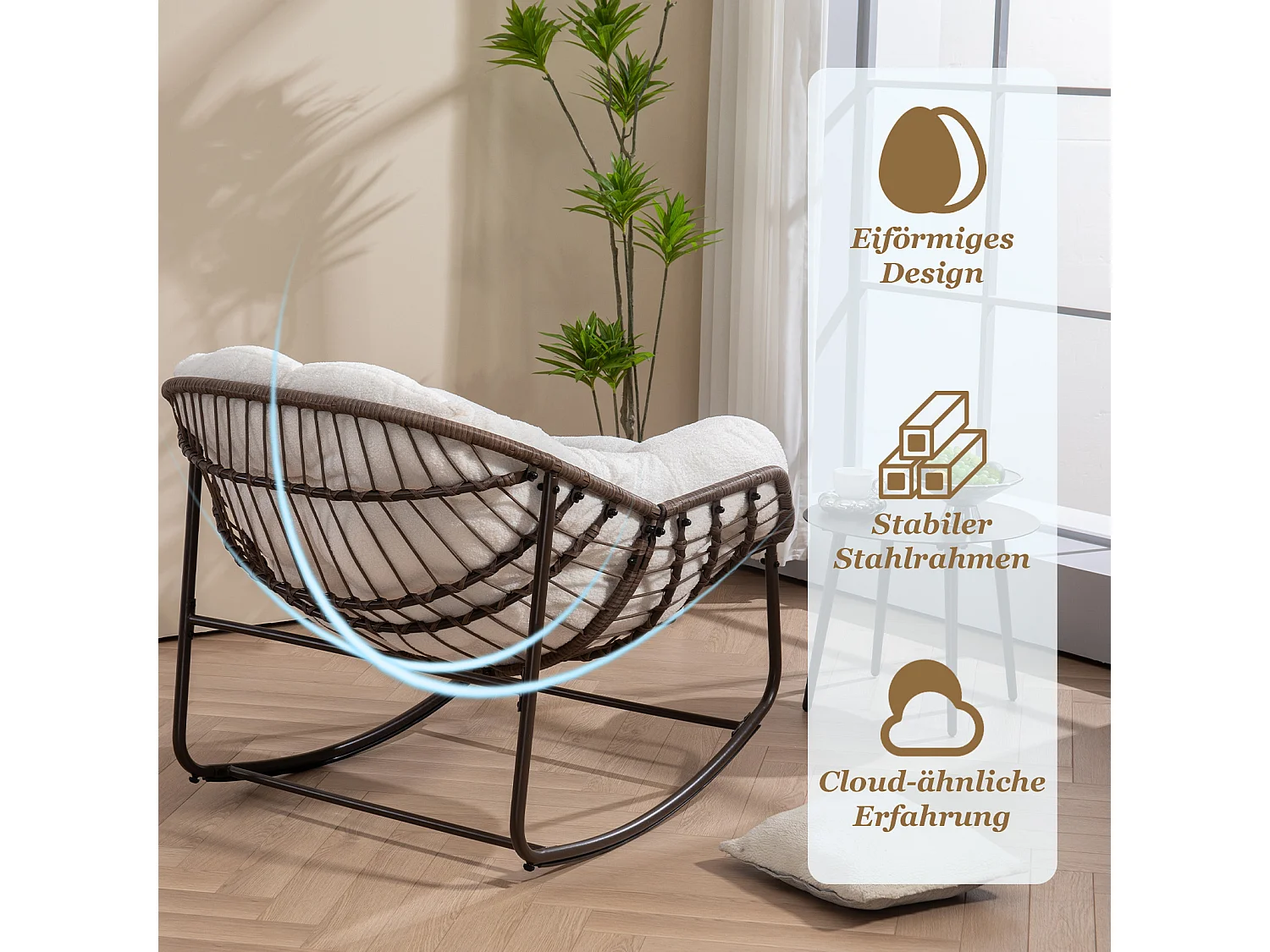 Cocon - Set van 2 natuurlijke rotan schommelstoelen – eivorm met kussens – comfortabel voor woonkamer, serre of slaapkamer