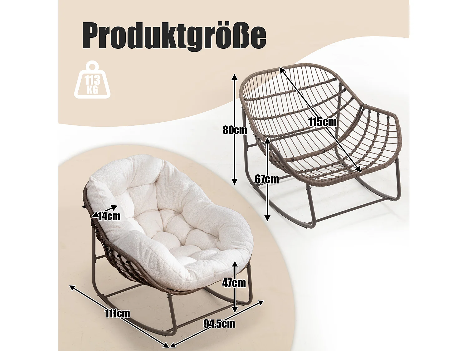 Cocon - Set van 2 natuurlijke rotan schommelstoelen – eivorm met kussens – comfortabel voor woonkamer, serre of slaapkamer