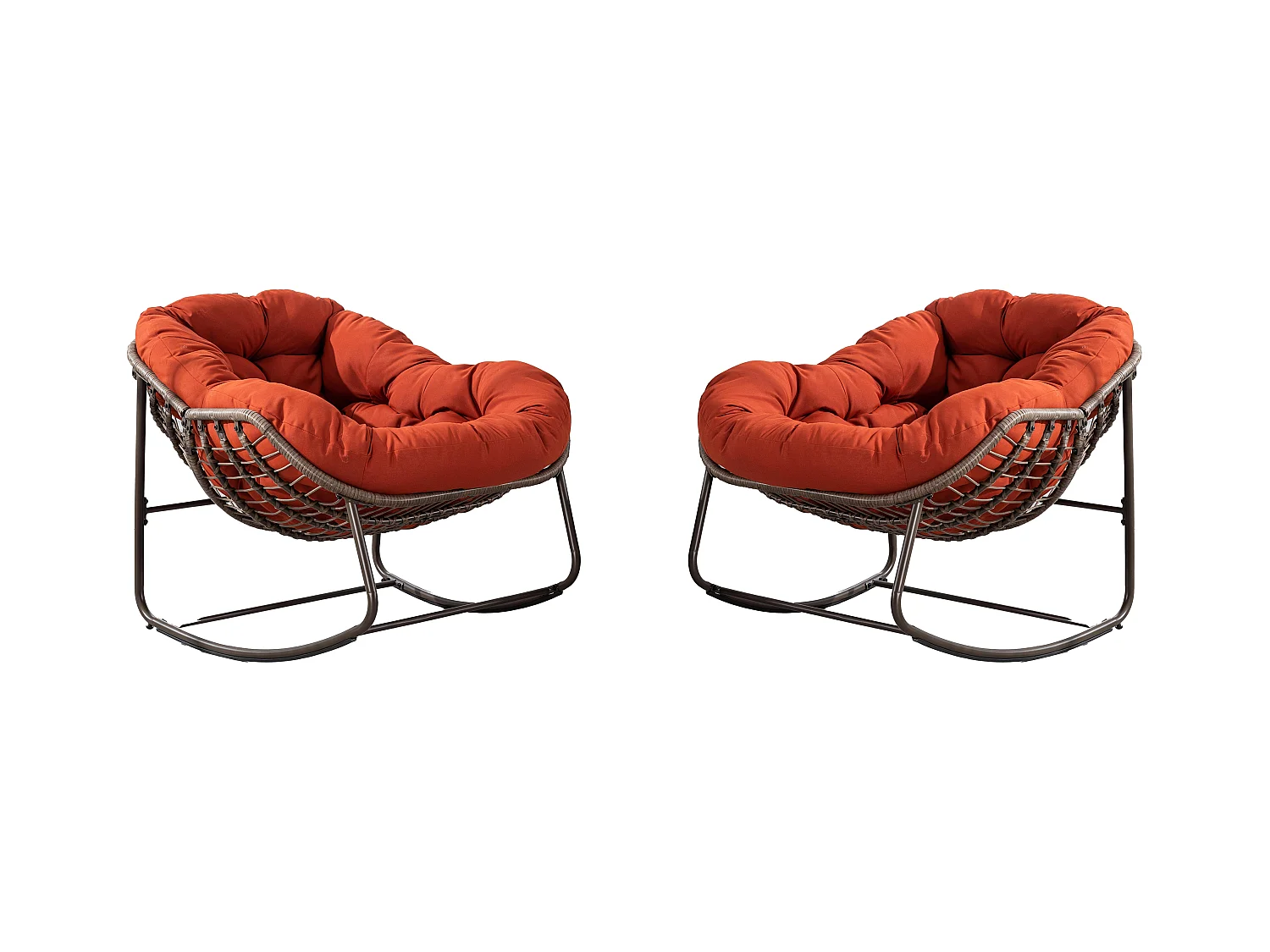 Lot de 2 Fauteuils à Bascule en Rotin Naturel – Forme Œuf et Coussins Orange  – Confortable pour Salon, Véranda ou Chambre