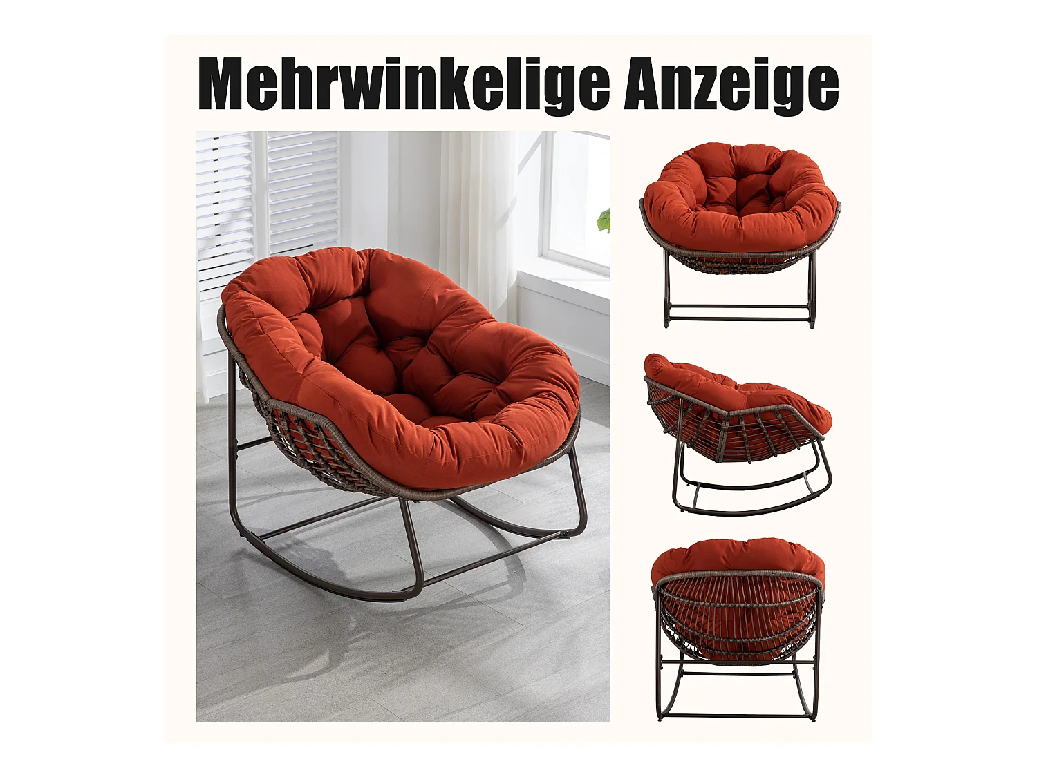 Lot de 2 Fauteuils à Bascule en Rotin Naturel – Forme Œuf et Coussins Orange  – Confortable pour Salon, Véranda ou Chambre