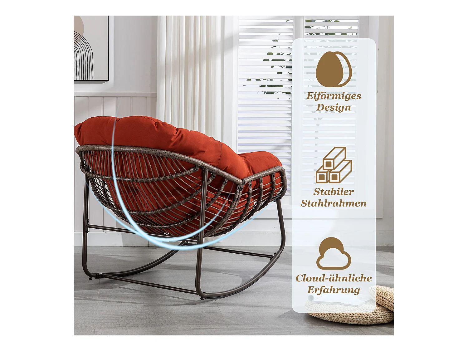 Lot de 2 Fauteuils à Bascule en Rotin Naturel – Forme Œuf et Coussins Orange  – Confortable pour Salon, Véranda ou Chambre