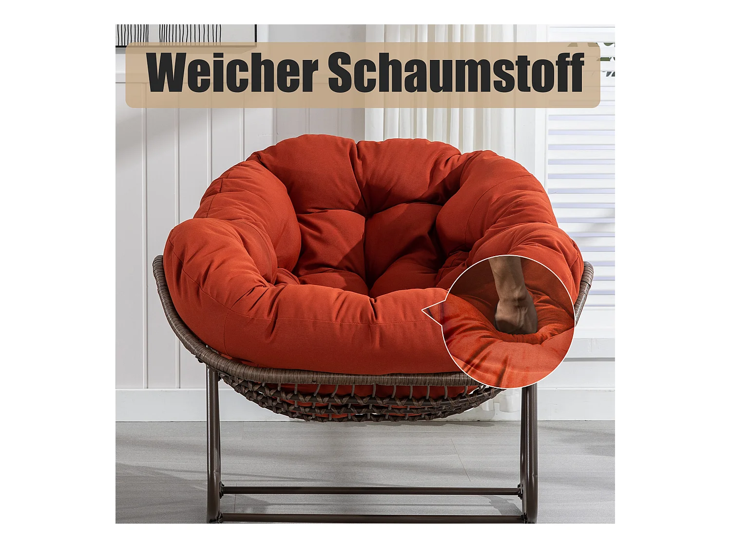 Lot de 2 Fauteuils à Bascule en Rotin Naturel – Forme Œuf et Coussins Orange  – Confortable pour Salon, Véranda ou Chambre