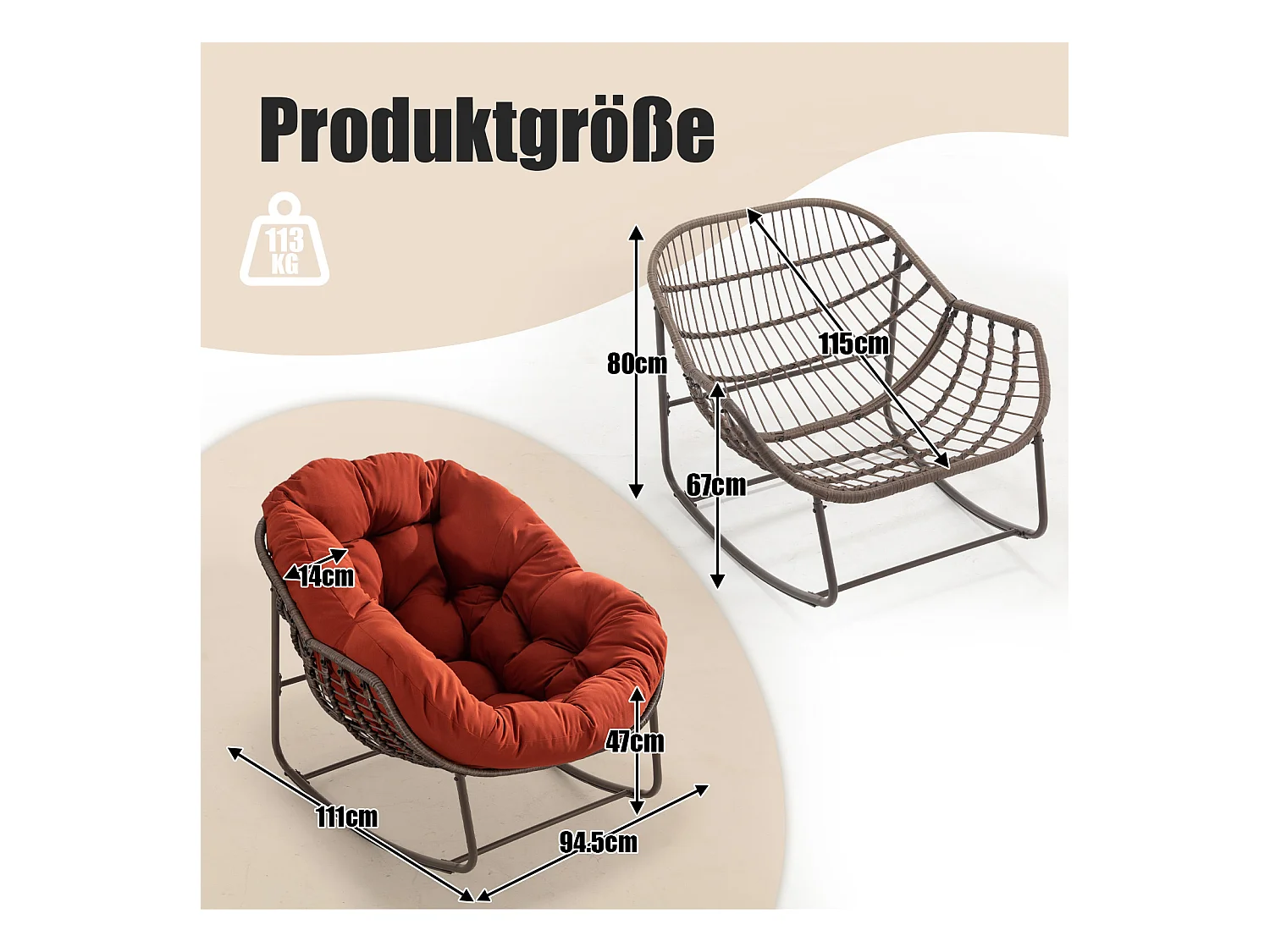 Lot de 2 Fauteuils à Bascule en Rotin Naturel – Forme Œuf et Coussins Orange  – Confortable pour Salon, Véranda ou Chambre