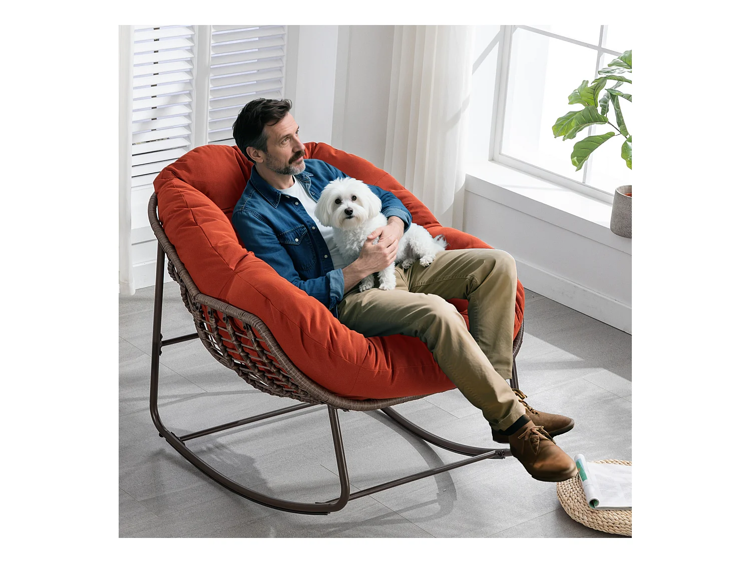 Lot de 2 Fauteuils à Bascule en Rotin Naturel – Forme Œuf et Coussins Orange  – Confortable pour Salon, Véranda ou Chambre