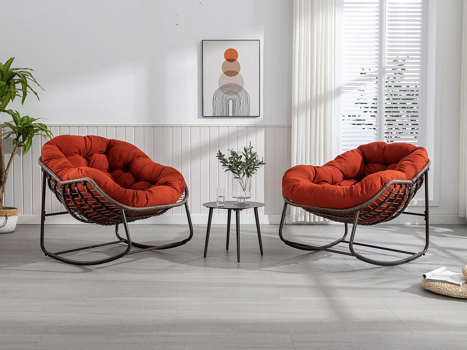 Lot de 2 Fauteuils à Bascule en Rotin Naturel – Forme Œuf et Coussins Orange  – Confortable pour Salon, Véranda ou Chambre