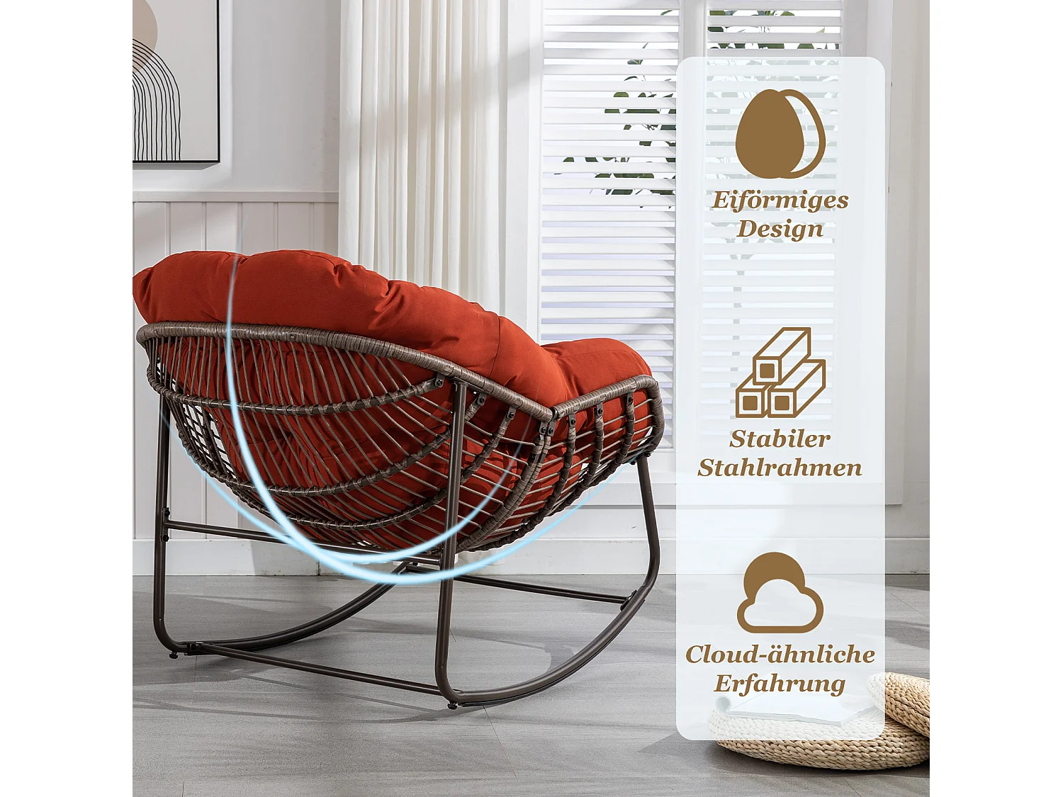 Lot de 2 Fauteuils à Bascule en Rotin Naturel – Forme Œuf et Coussins Orange  – Confortable pour Salon, Véranda ou Chambre