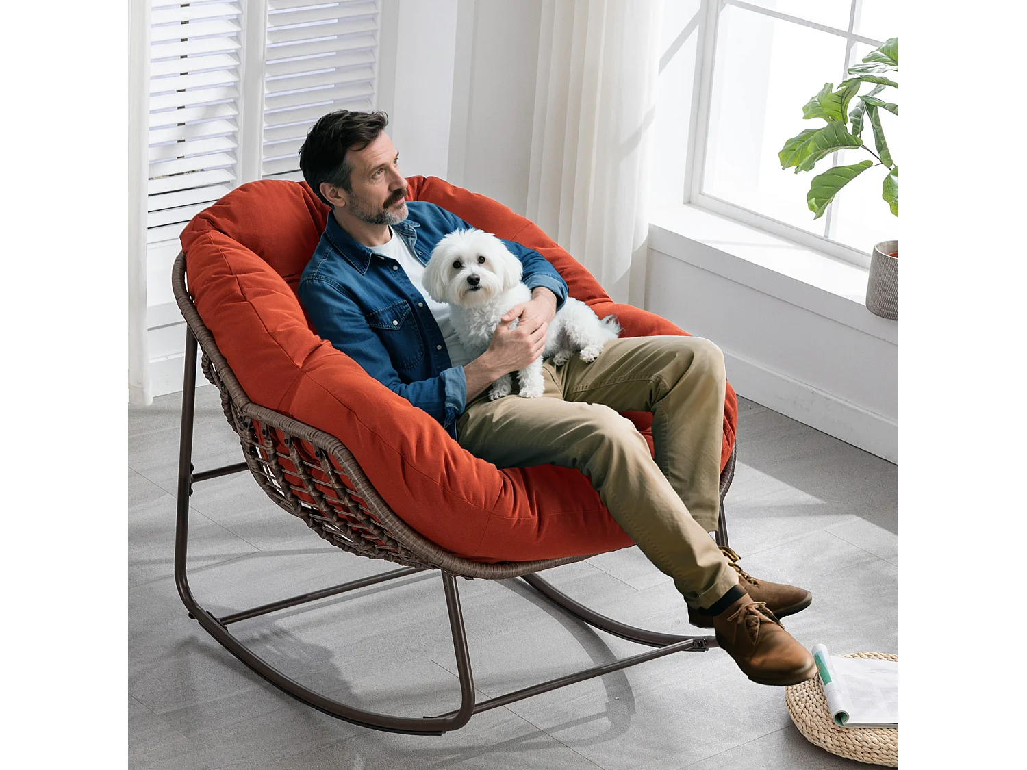 Lot de 2 Fauteuils à Bascule en Rotin Naturel – Forme Œuf et Coussins Orange  – Confortable pour Salon, Véranda ou Chambre