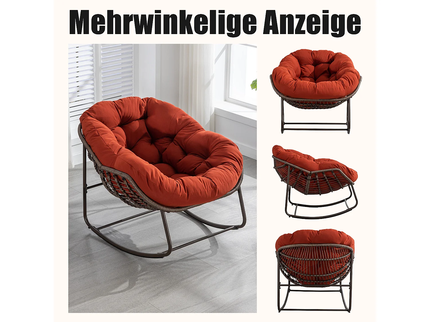 Lot de 2 Fauteuils à Bascule en Rotin Naturel – Forme Œuf et Coussins Orange  – Confortable pour Salon, Véranda ou Chambre