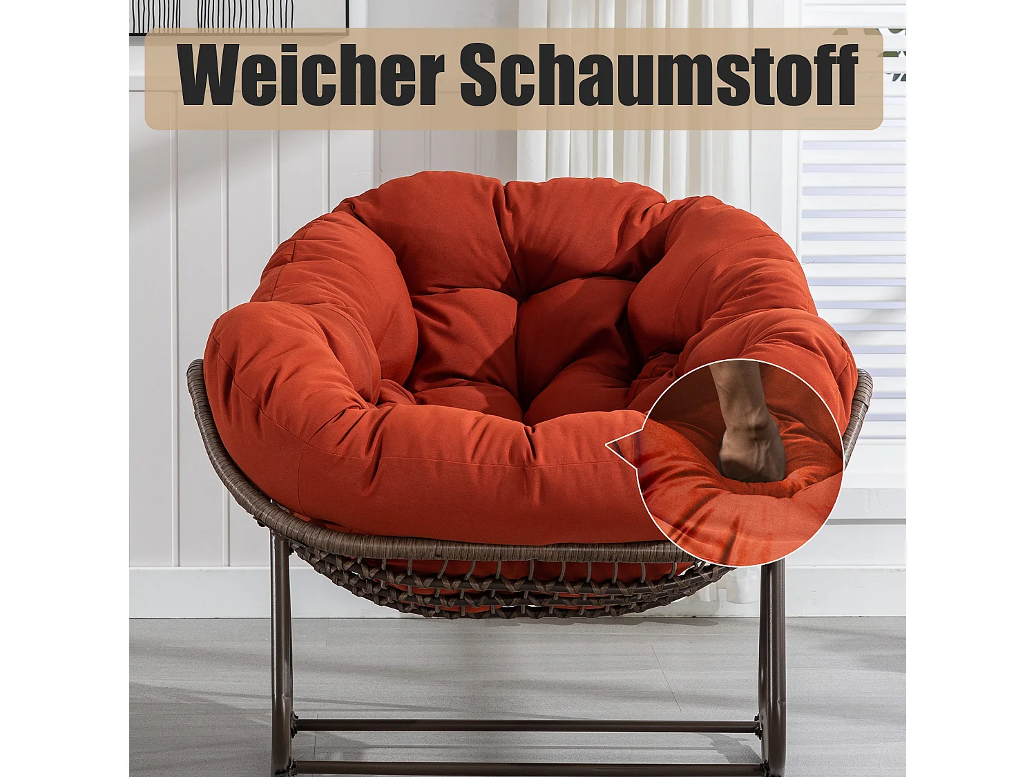 Lot de 2 Fauteuils à Bascule en Rotin Naturel – Forme Œuf et Coussins Orange  – Confortable pour Salon, Véranda ou Chambre