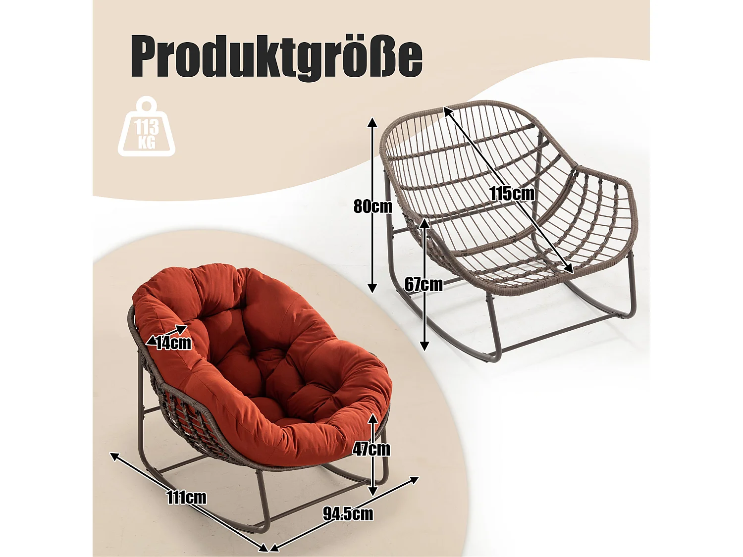 Lot de 2 Fauteuils à Bascule en Rotin Naturel – Forme Œuf et Coussins Orange  – Confortable pour Salon, Véranda ou Chambre