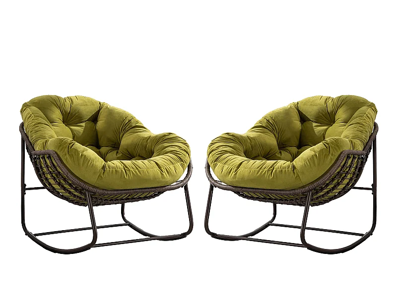 Lot de 2 Fauteuils à Bascule en Rotin Naturel – Forme Œuf et Coussins Vert amande  – Confortable pour Salon, Véranda ou Chambre