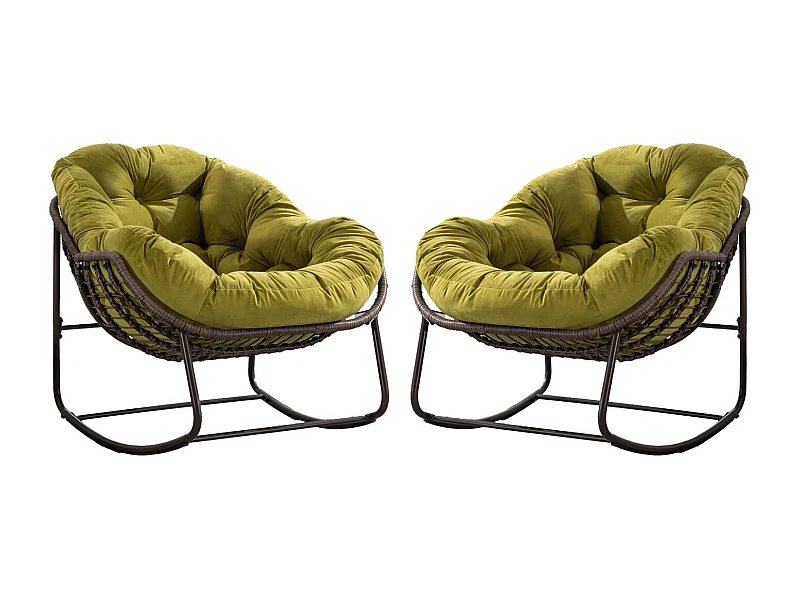 Lot de 2 Fauteuils à Bascule en Rotin Naturel – Forme Œuf et Coussins Vert amande  – Confortable pour Salon, Véranda ou Chambre