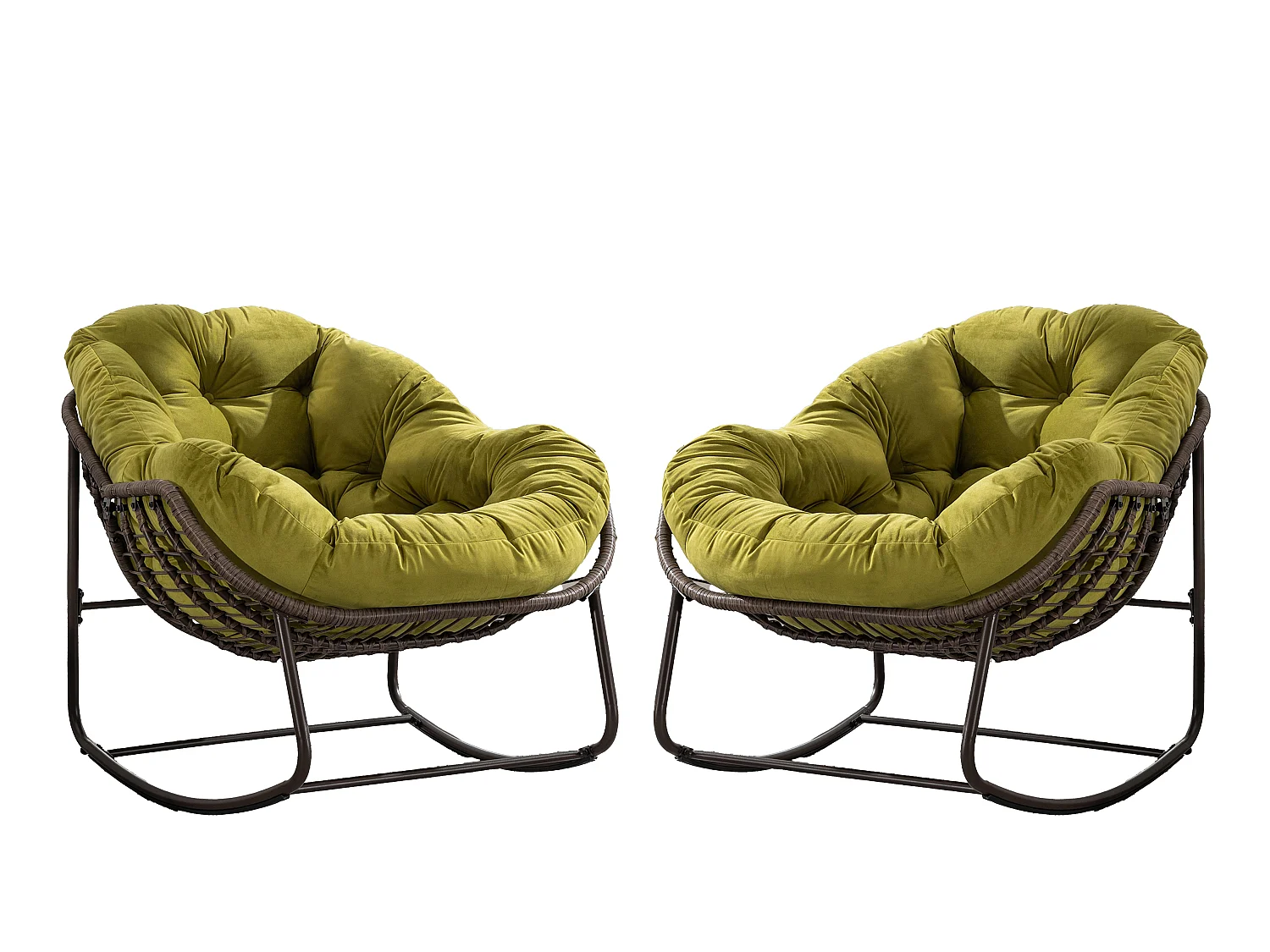 Lot de 2 Fauteuils à Bascule en Rotin Naturel – Forme Œuf et Coussins Vert amande  – Confortable pour Salon, Véranda ou Chambre