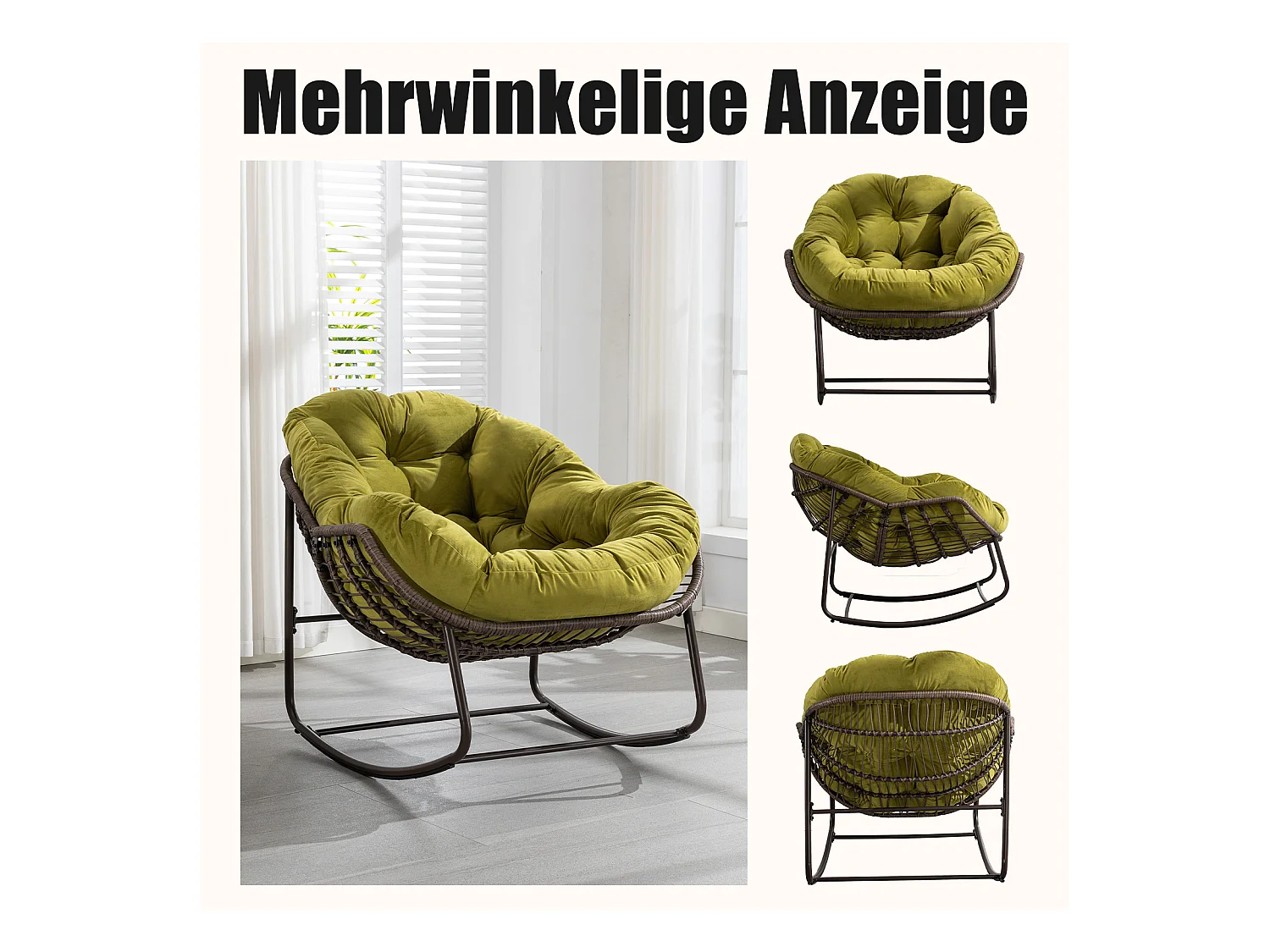 Lot de 2 Fauteuils à Bascule en Rotin Naturel – Forme Œuf et Coussins Vert amande  – Confortable pour Salon, Véranda ou Chambre