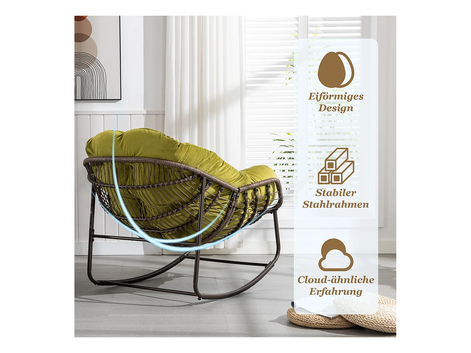 Lot de 2 Fauteuils à Bascule en Rotin Naturel – Forme Œuf et Coussins Vert amande  – Confortable pour Salon, Véranda ou Chambre