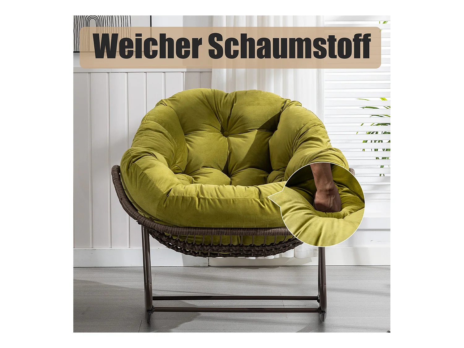 Lot de 2 Fauteuils à Bascule en Rotin Naturel – Forme Œuf et Coussins Vert amande  – Confortable pour Salon, Véranda ou Chambre