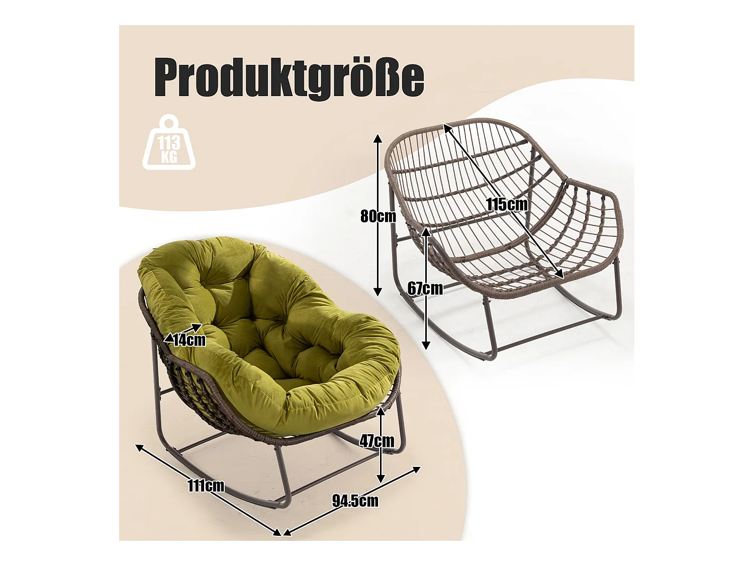 Lot de 2 Fauteuils à Bascule en Rotin Naturel – Forme Œuf et Coussins Vert amande  – Confortable pour Salon, Véranda ou Chambre