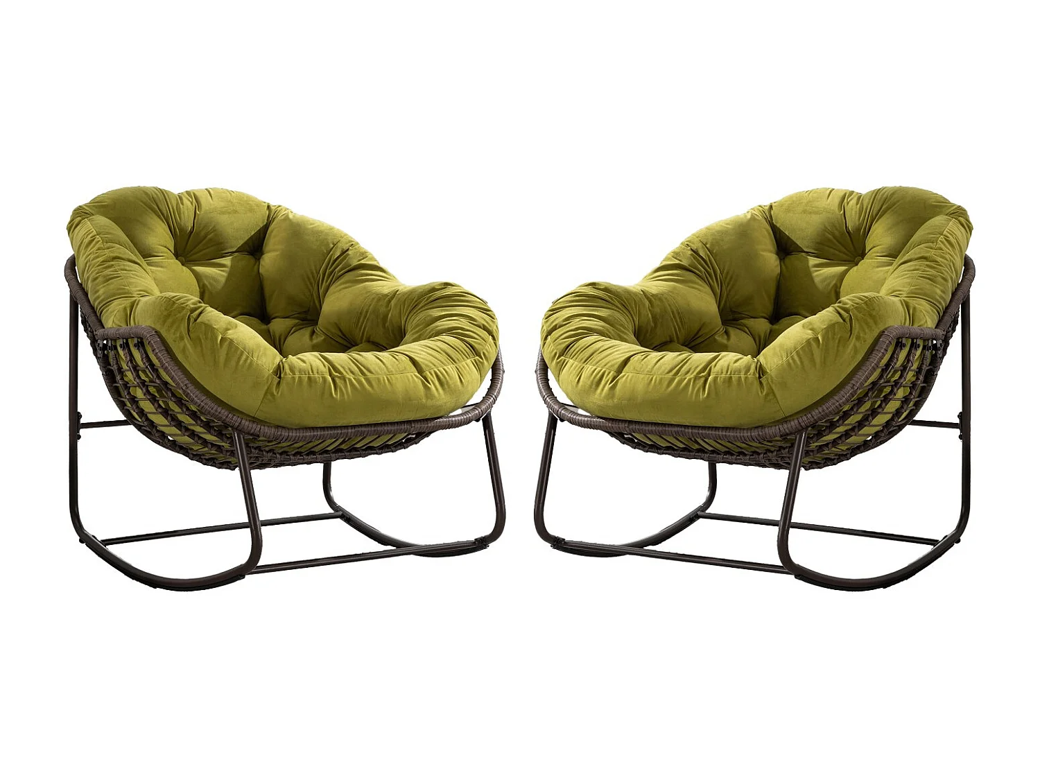 Lot de 2 Fauteuils à Bascule en Rotin Naturel – Forme Œuf et Coussins Vert amande  – Confortable pour Salon, Véranda ou Chambre