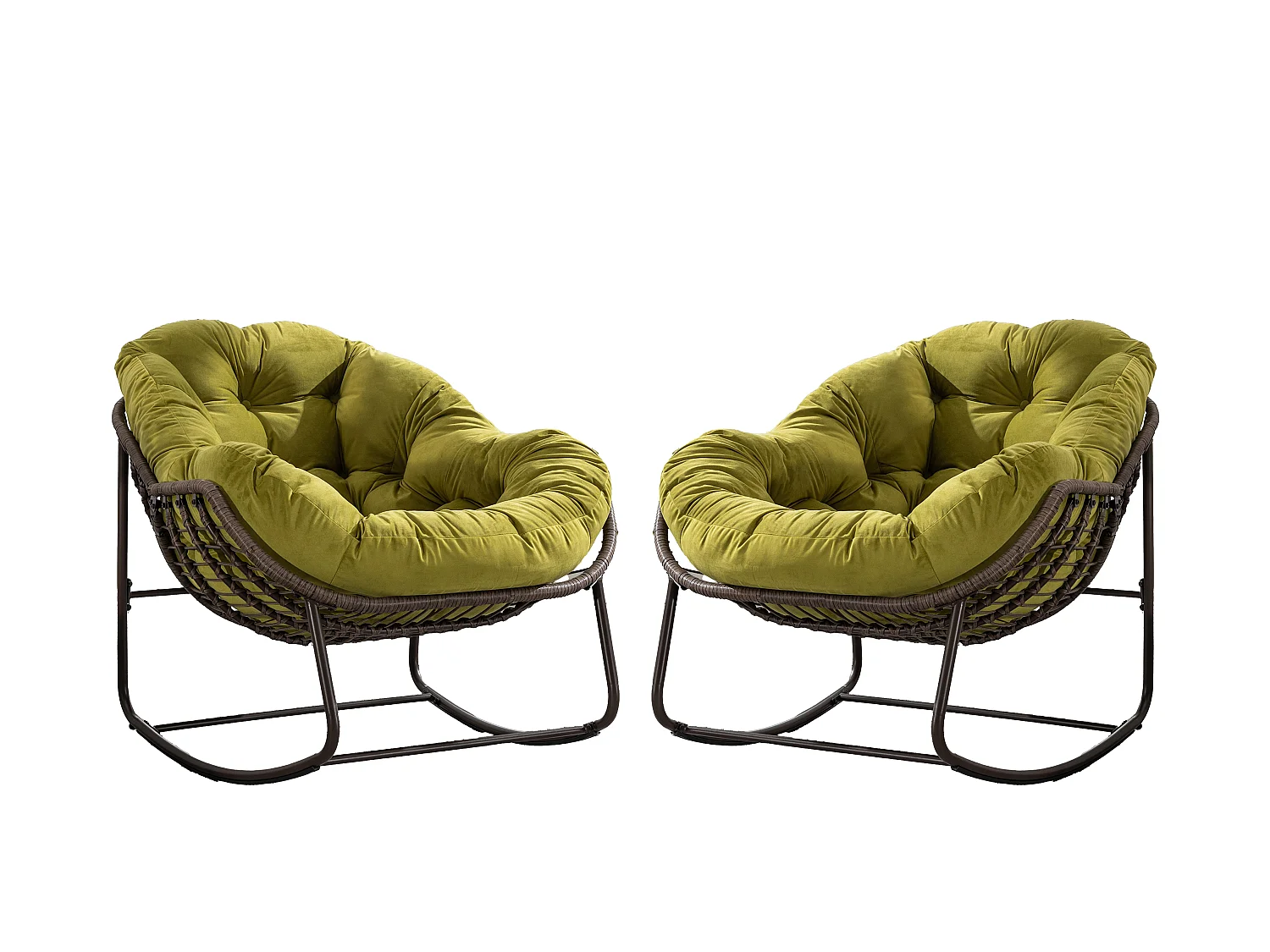 Lot de 2 Fauteuils à Bascule en Rotin Naturel – Forme Œuf et Coussins Vert amande  – Confortable pour Salon, Véranda ou Chambre