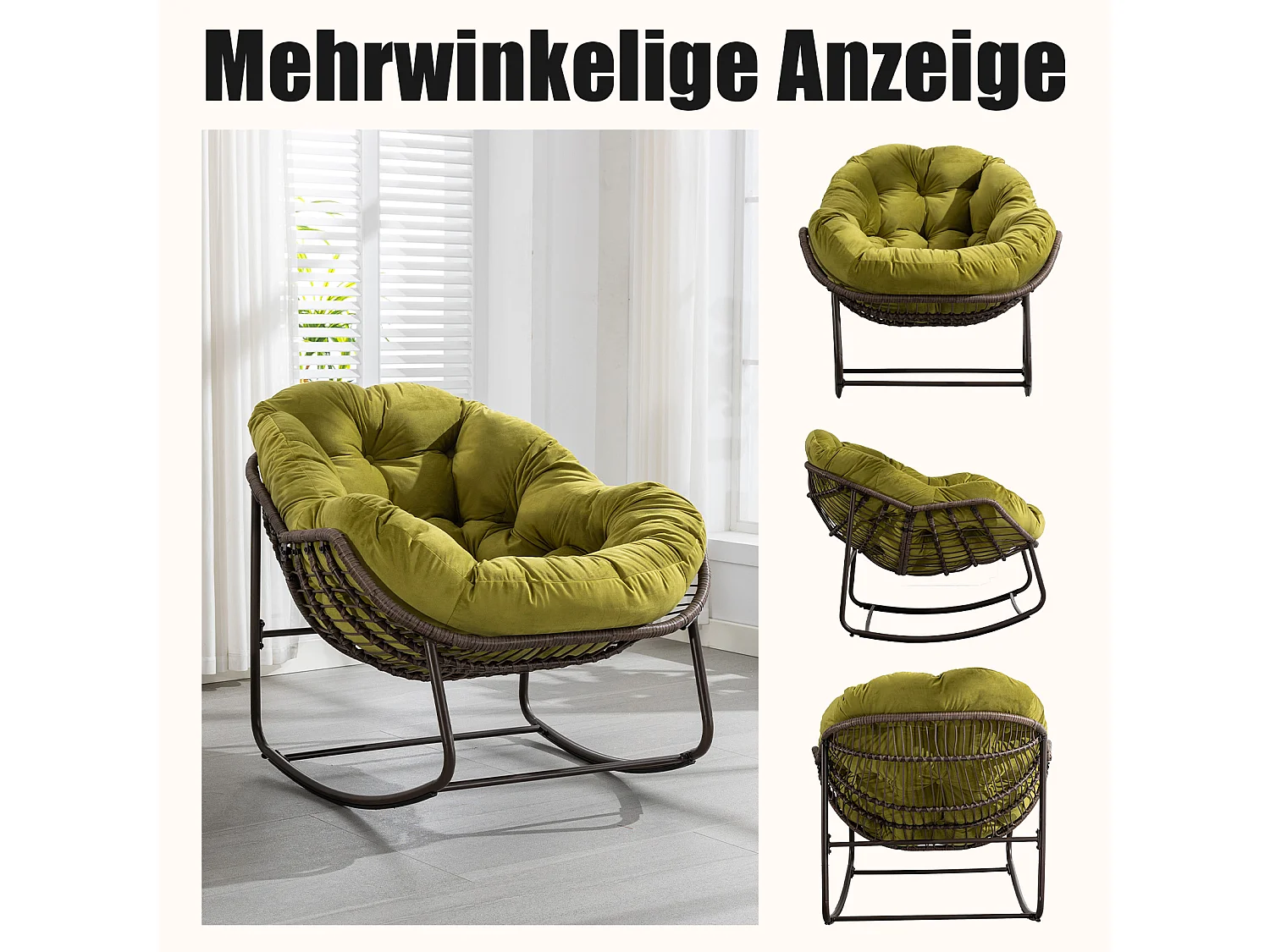 Set van 2 natuurlijke rotan schommelstoelen – eivorm met kussens – comfortabel voor woonkamer, serre of slaapkamer