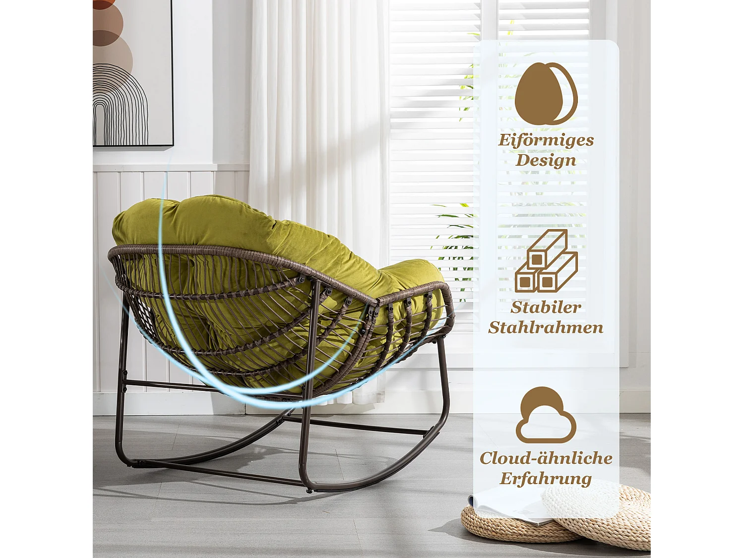 Set van 2 natuurlijke rotan schommelstoelen – eivorm met kussens – comfortabel voor woonkamer, serre of slaapkamer