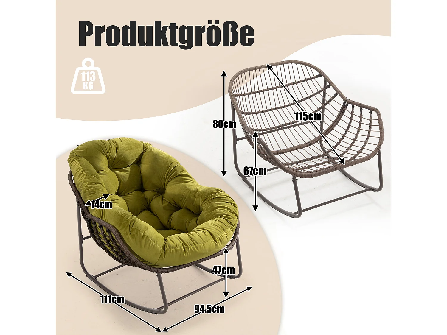 Set van 2 natuurlijke rotan schommelstoelen – eivorm met kussens – comfortabel voor woonkamer, serre of slaapkamer