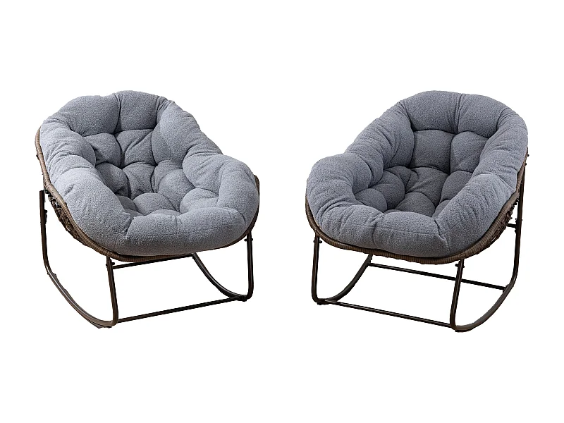 Lot de 2 Fauteuils à Bascule en Rotin Naturel – Forme Œuf et Coussins Gris – Confortable pour Salon, Véranda ou Chambre