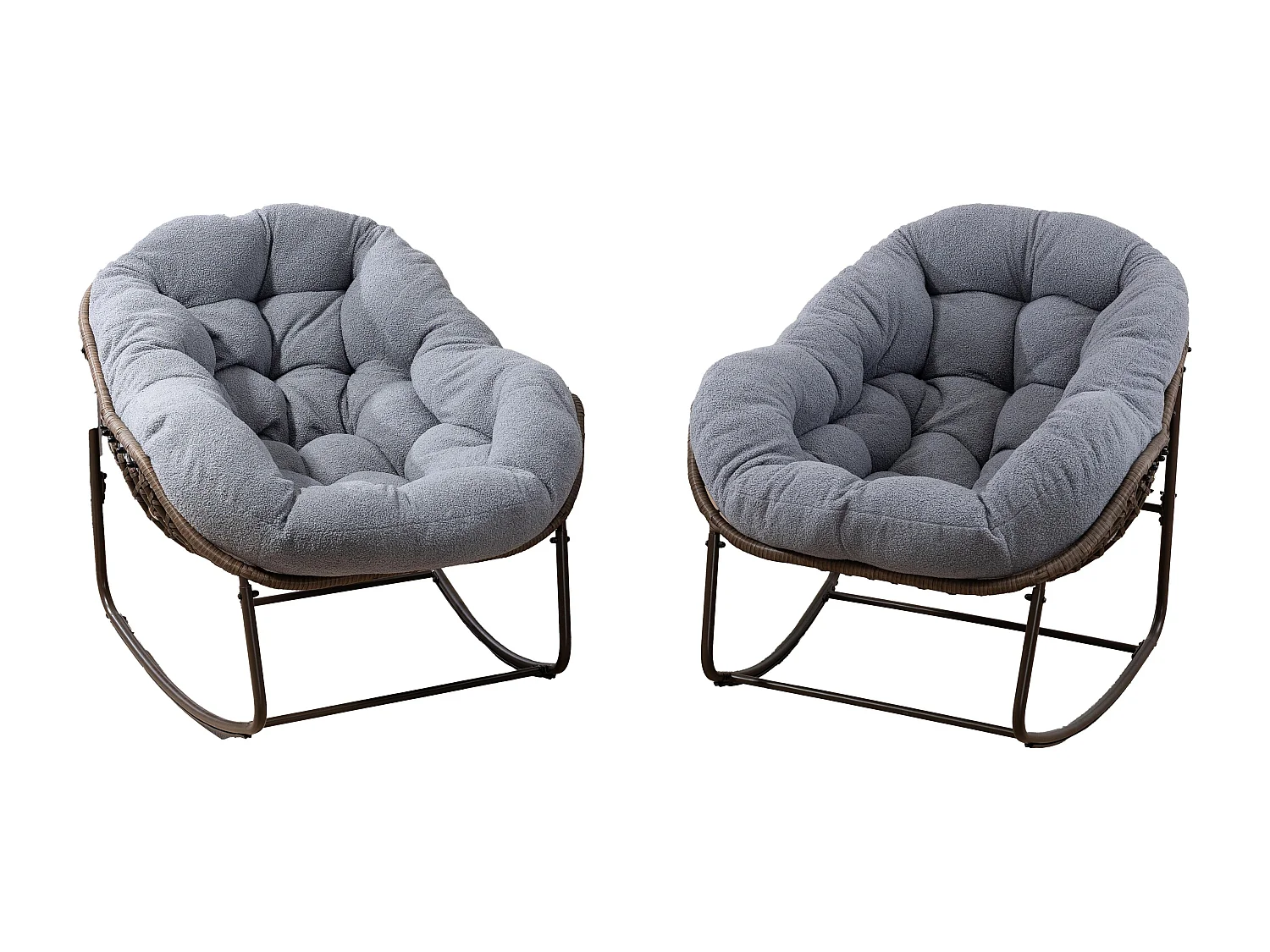 Lot de 2 Fauteuils à Bascule en Rotin Naturel – Forme Œuf et Coussins Gris – Confortable pour Salon, Véranda ou Chambre