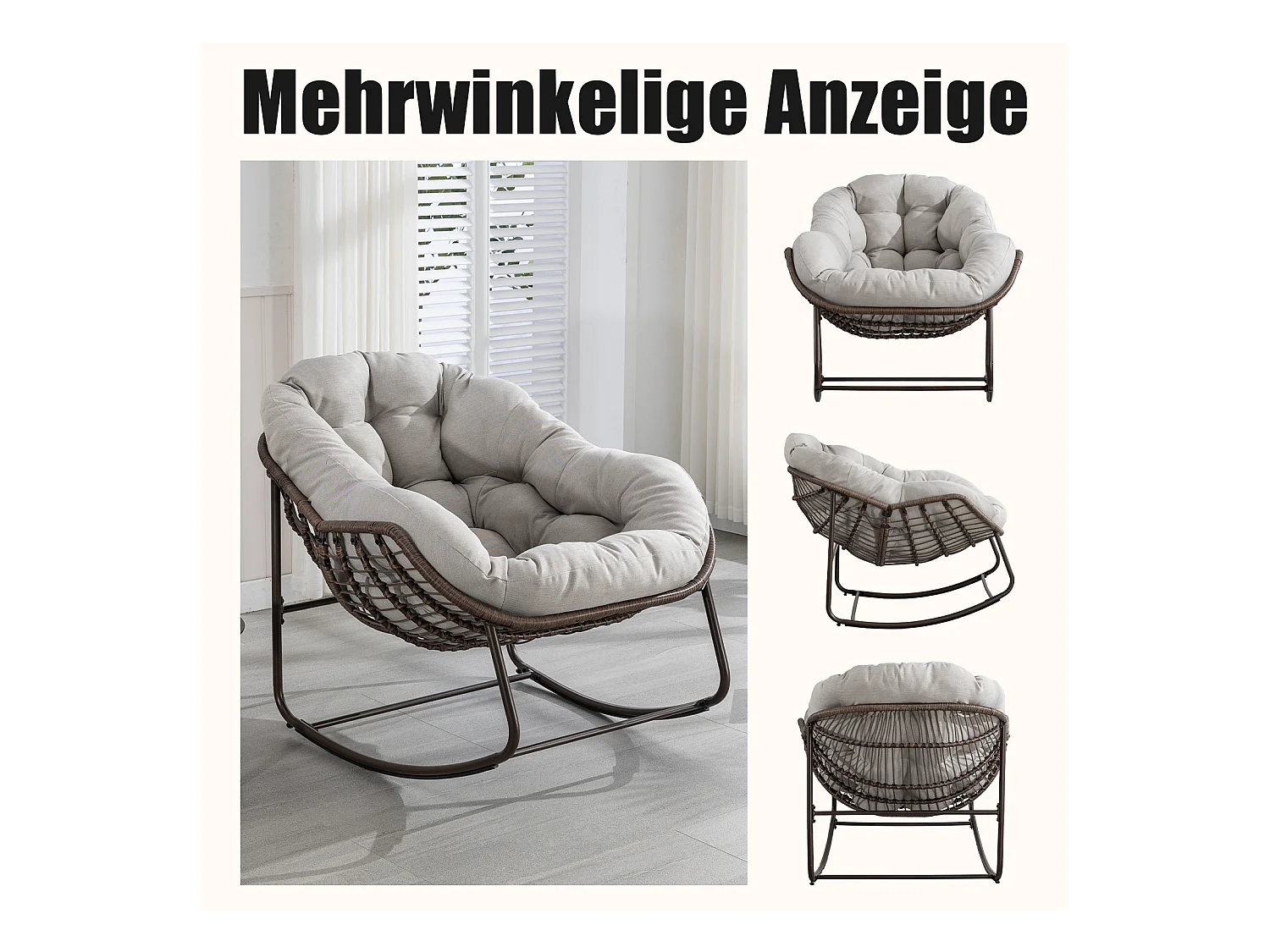 Lot de 2 Fauteuils à Bascule en Rotin Naturel – Forme Œuf et Coussins Gris – Confortable pour Salon, Véranda ou Chambre