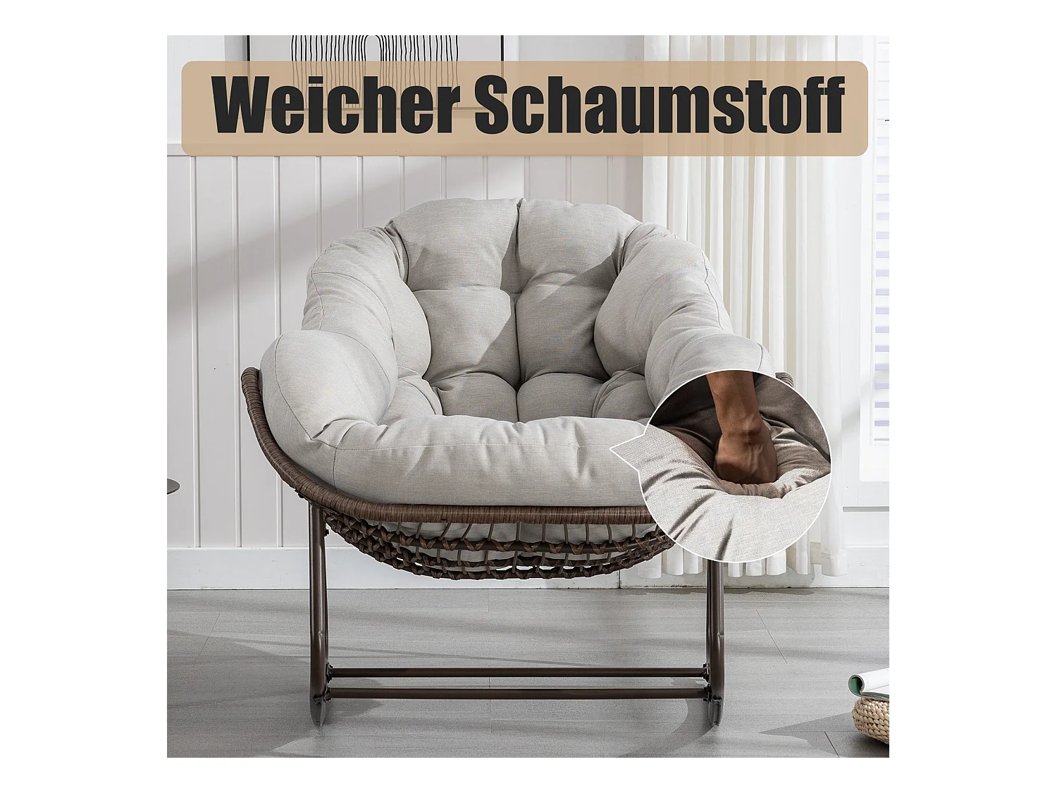 Lot de 2 Fauteuils à Bascule en Rotin Naturel – Forme Œuf et Coussins Gris – Confortable pour Salon, Véranda ou Chambre