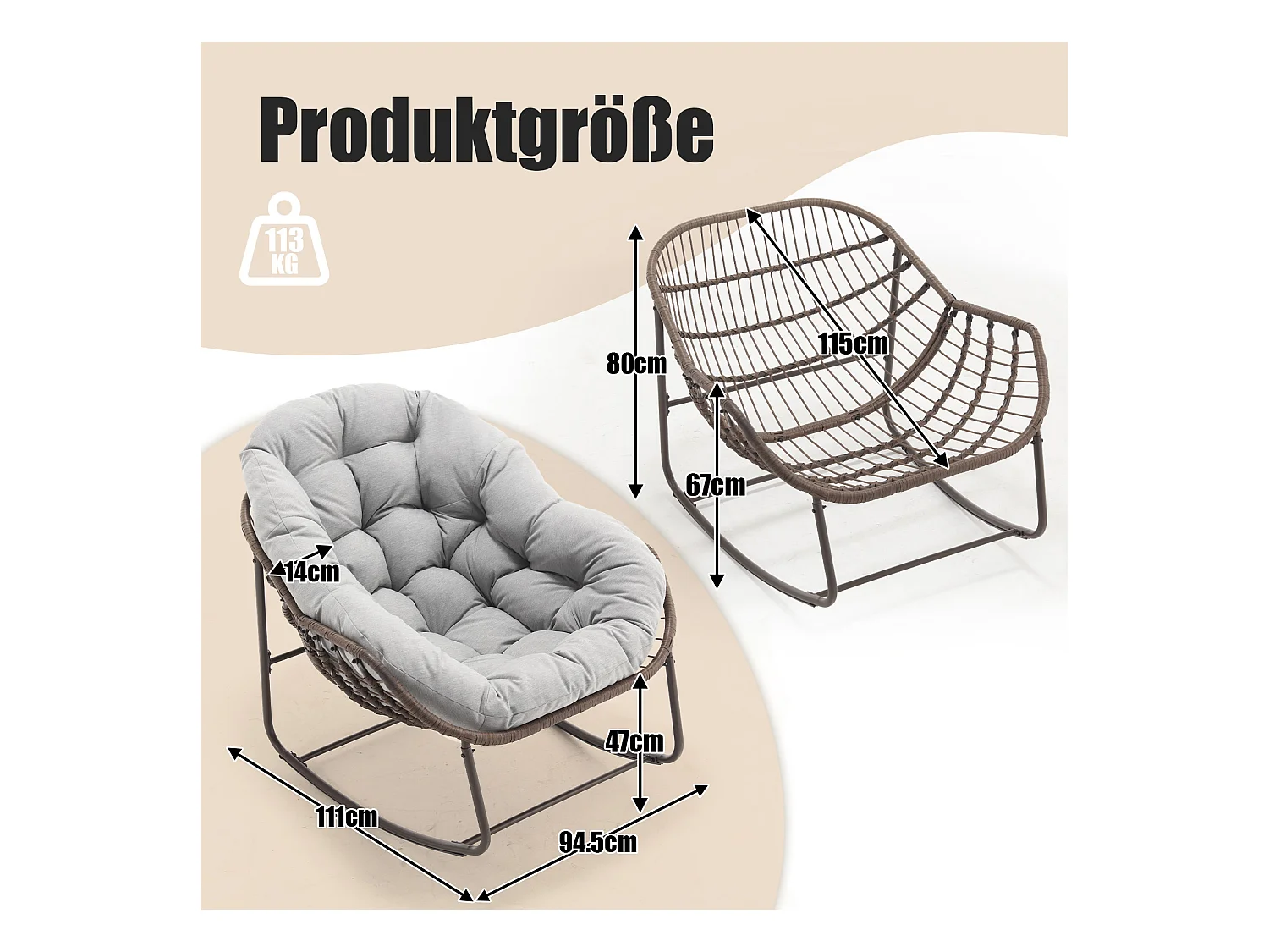 Lot de 2 Fauteuils à Bascule en Rotin Naturel – Forme Œuf et Coussins Gris – Confortable pour Salon, Véranda ou Chambre