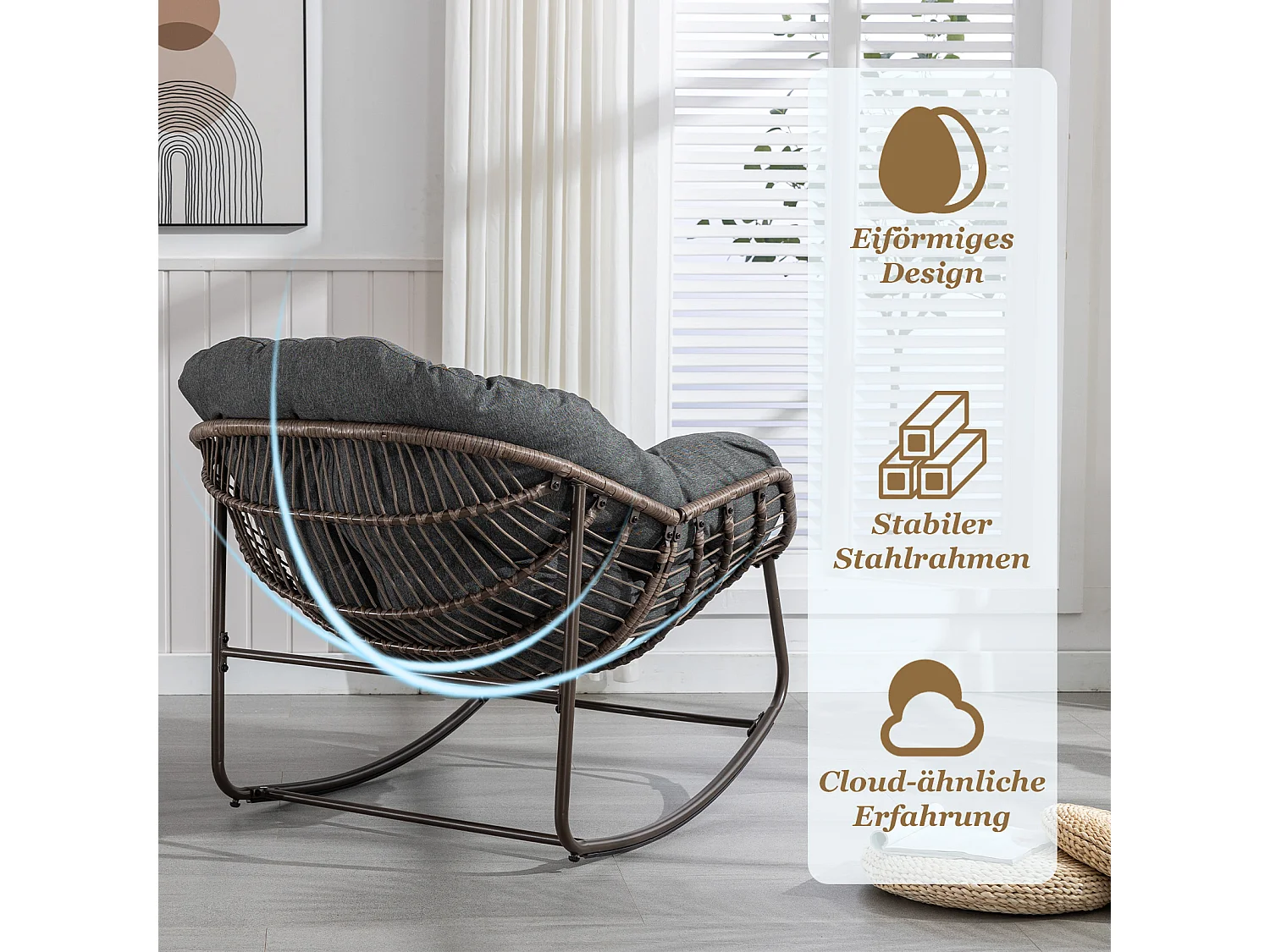 Lot de 2 Fauteuils à Bascule en Rotin Naturel – Forme Œuf et Coussins Gris – Confortable pour Salon, Véranda ou Chambre