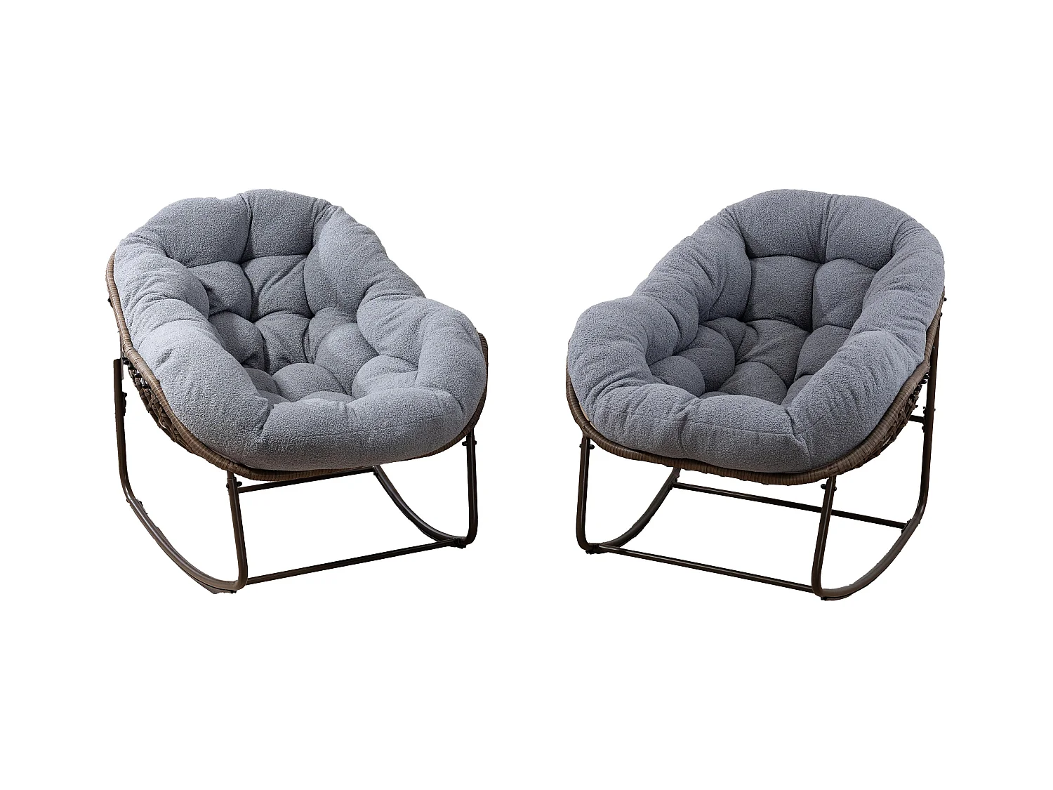 Lot de 2 Fauteuils à Bascule en Rotin Naturel – Forme Œuf et Coussins Gris – Confortable pour Salon, Véranda ou Chambre