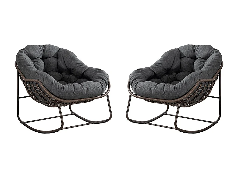 Lot de 2 Fauteuils à Bascule en Rotin Naturel – Forme Œuf et Coussins Gris – Confortable pour Salon, Véranda ou Chambre