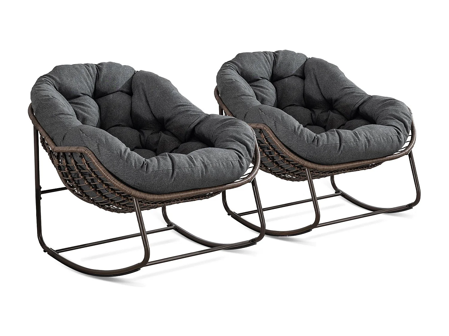 Lot de 2 Fauteuils à Bascule en Rotin Naturel – Forme Œuf et Coussins Gris Anthracite – Confortable pour Salon, Véranda ou Chambre