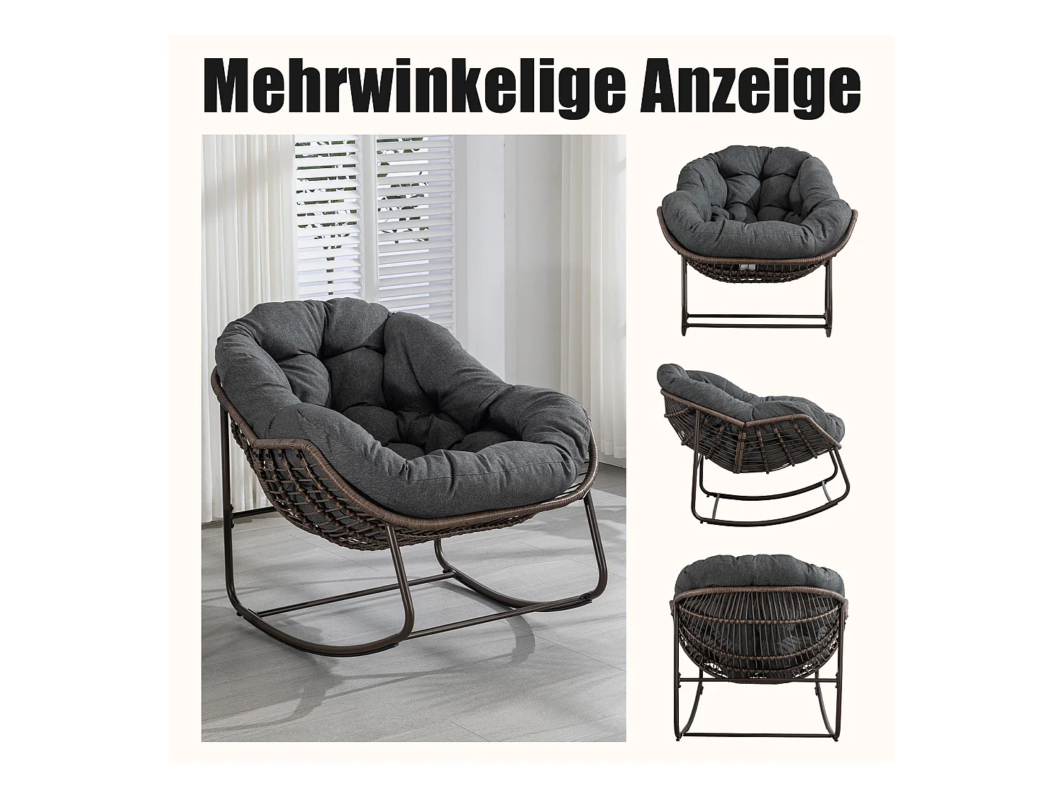 Lot de 2 Fauteuils à Bascule en Rotin Naturel – Forme Œuf et Coussins Gris Anthracite – Confortable pour Salon, Véranda ou Chambre