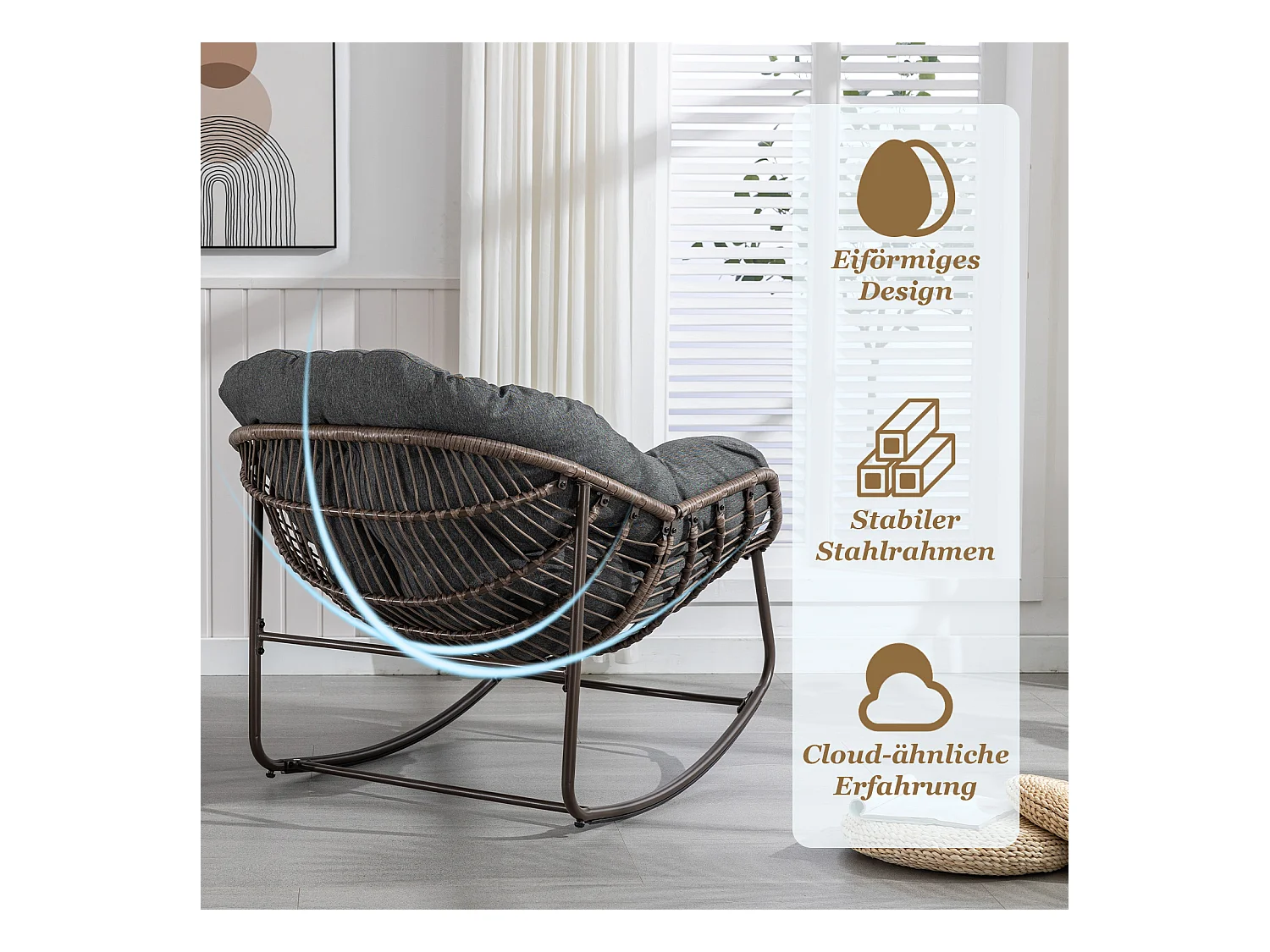 Lot de 2 Fauteuils à Bascule en Rotin Naturel – Forme Œuf et Coussins Gris Anthracite – Confortable pour Salon, Véranda ou Chambre