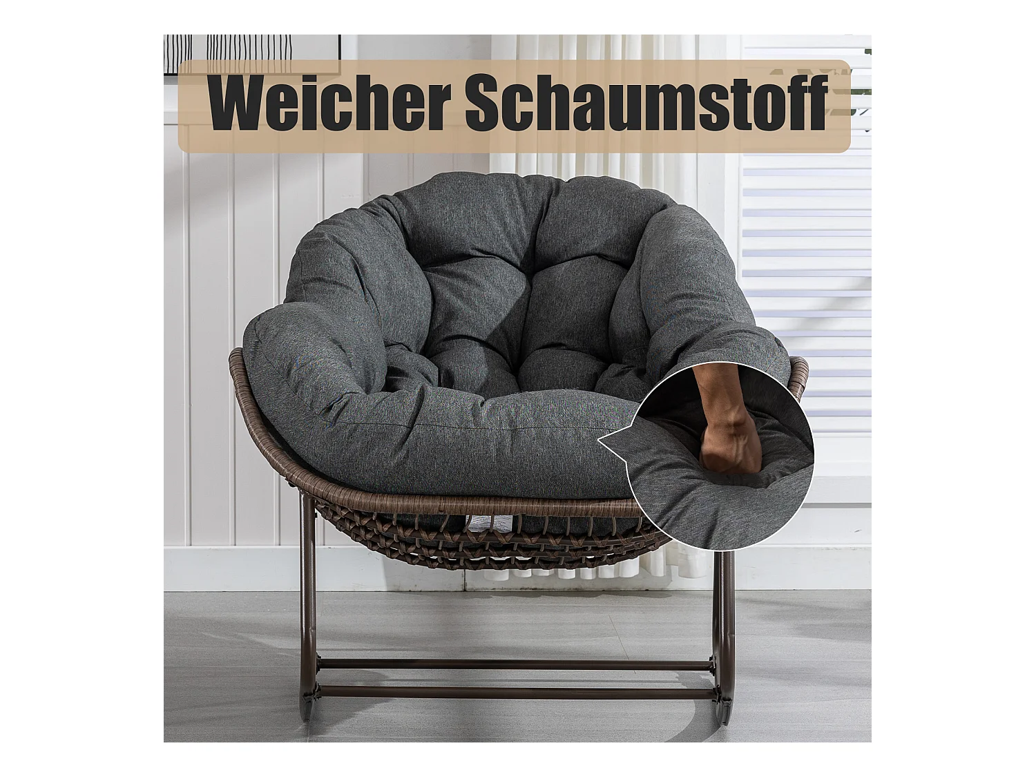 Lot de 2 Fauteuils à Bascule en Rotin Naturel – Forme Œuf et Coussins Gris Anthracite – Confortable pour Salon, Véranda ou Chambre