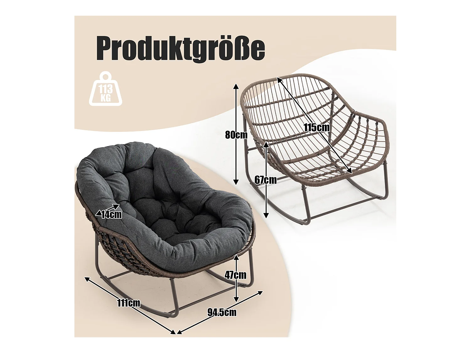 Lot de 2 Fauteuils à Bascule en Rotin Naturel – Forme Œuf et Coussins Gris Anthracite – Confortable pour Salon, Véranda ou Chambre