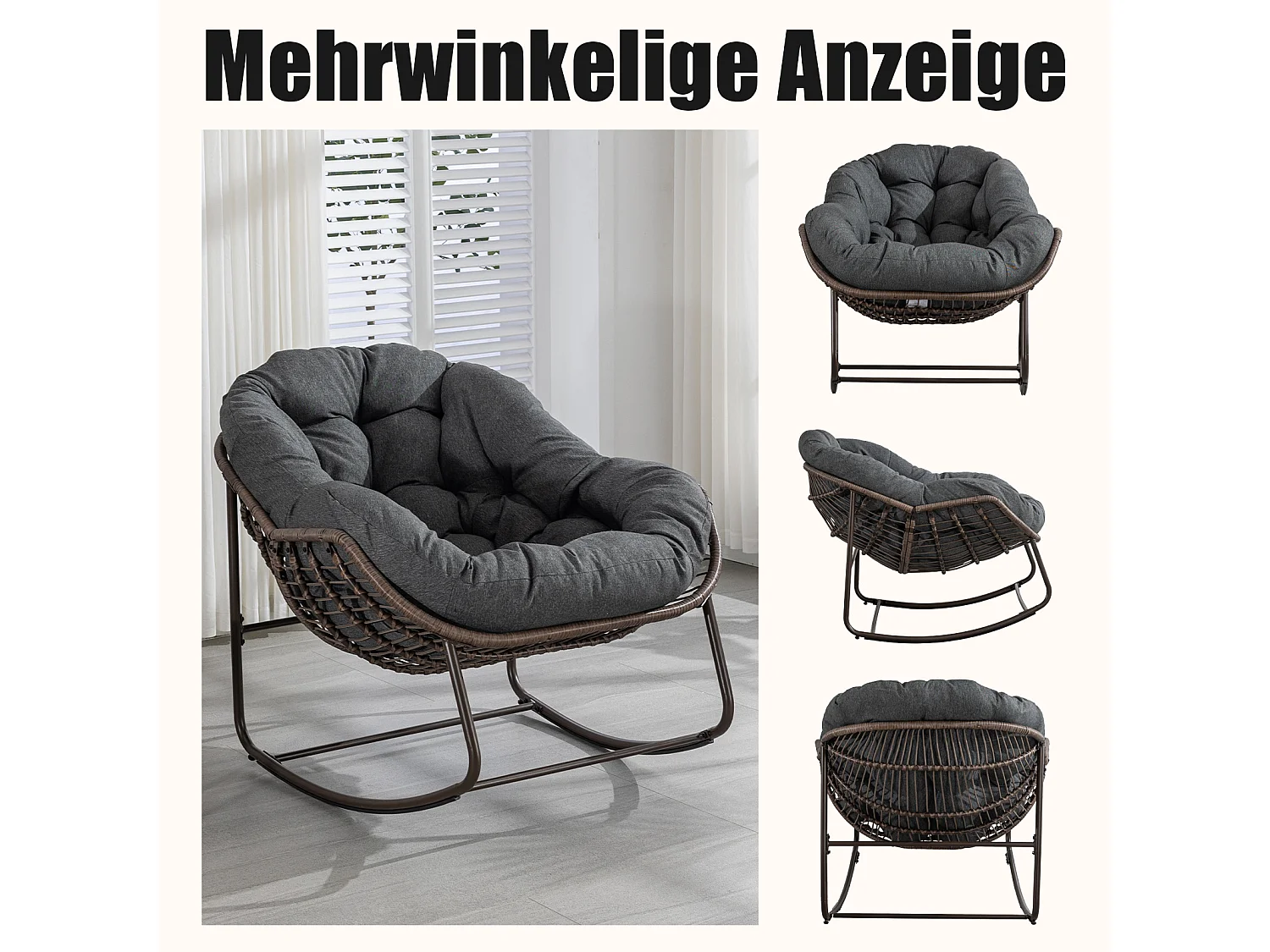 Lot de 2 Fauteuils à Bascule en Rotin Naturel – Forme Œuf et Coussins Gris Anthracite – Confortable pour Salon, Véranda ou Chambre