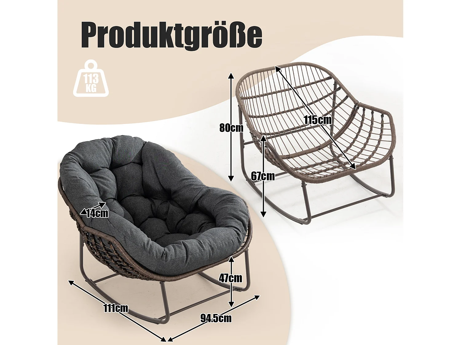 Lot de 2 Fauteuils à Bascule en Rotin Naturel – Forme Œuf et Coussins Gris Anthracite – Confortable pour Salon, Véranda ou Chambre