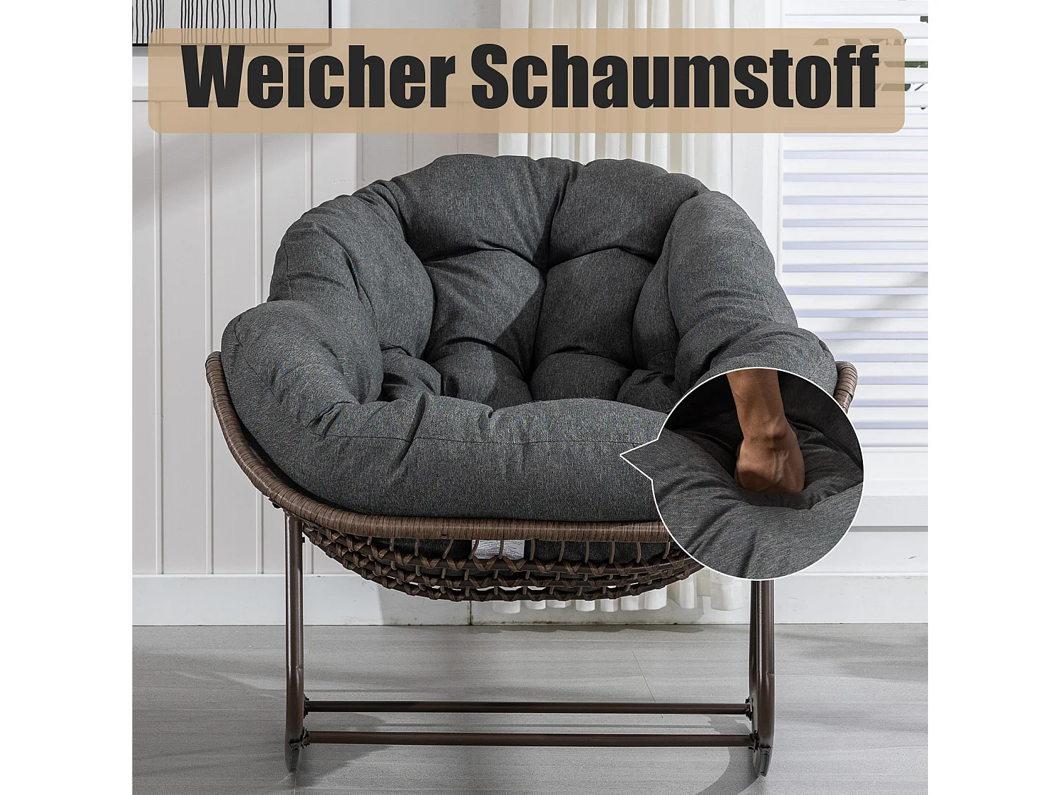 Set van 2 natuurlijke rotan schommelstoelen – eivorm met kussens – comfortabel voor woonkamer, serre of slaapkamer