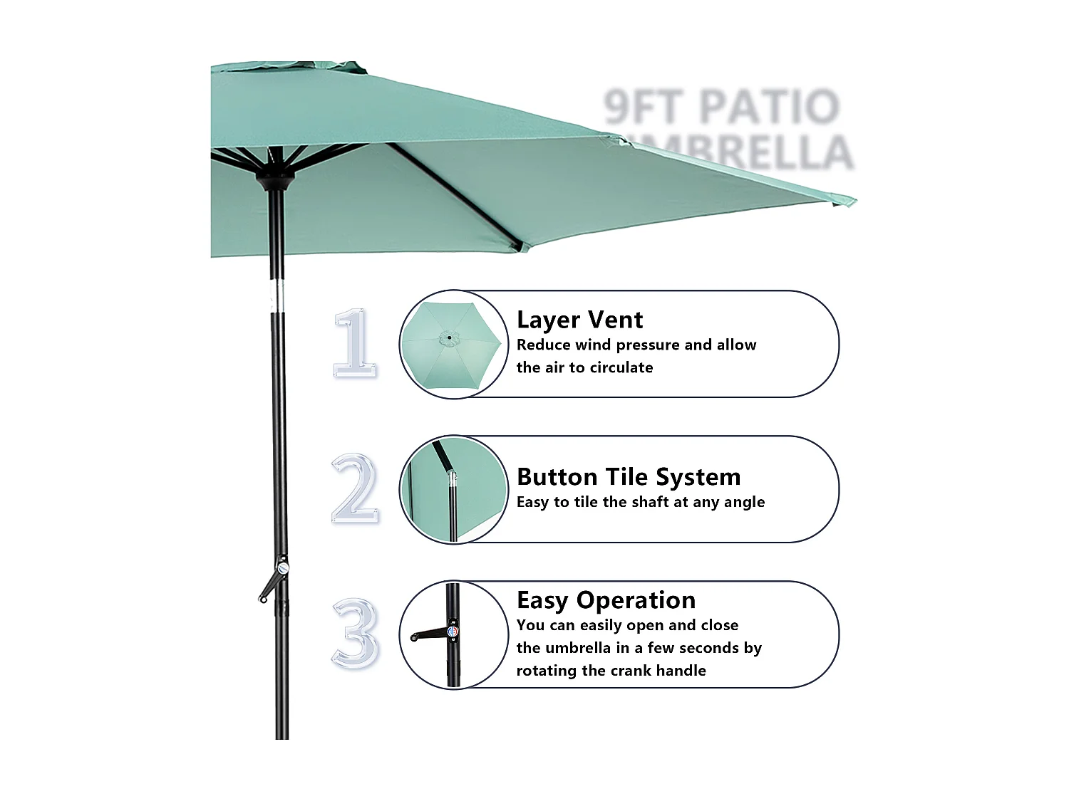 Parasol de jardin vert clair - Parasol extérieur monoposte - Protection solaire UPF 50+ - Grande taille de 264 cm pour terrasse et balcon