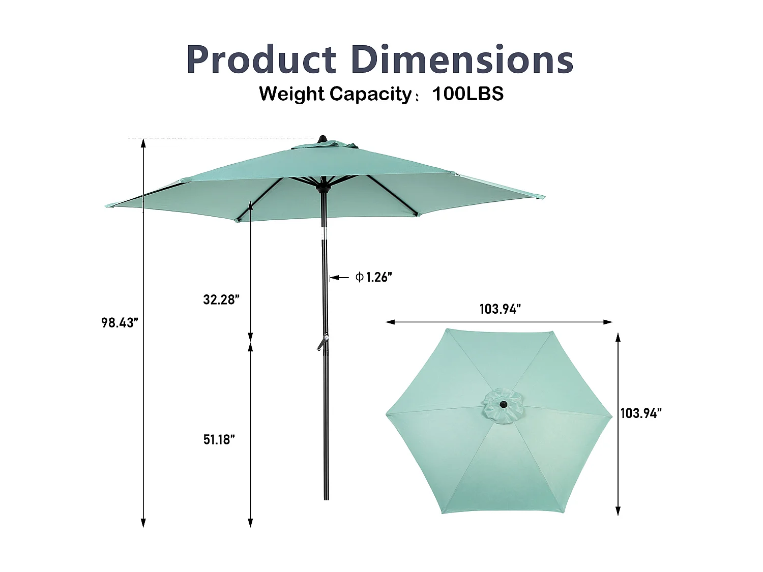 Parasol de jardin vert clair - Parasol extérieur monoposte - Protection solaire UPF 50+ - Grande taille de 264 cm pour terrasse et balcon