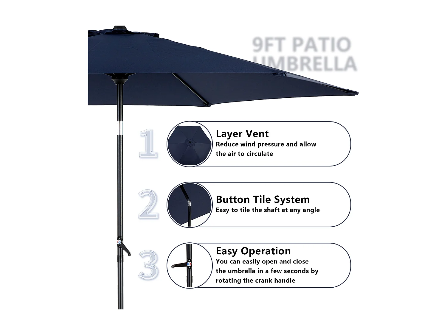 Parasol de jardin bleu nuit - Parasol extérieur monoposte - Protection solaire UPF 50+ - Grande taille de 264 cm pour terrasse et balcon