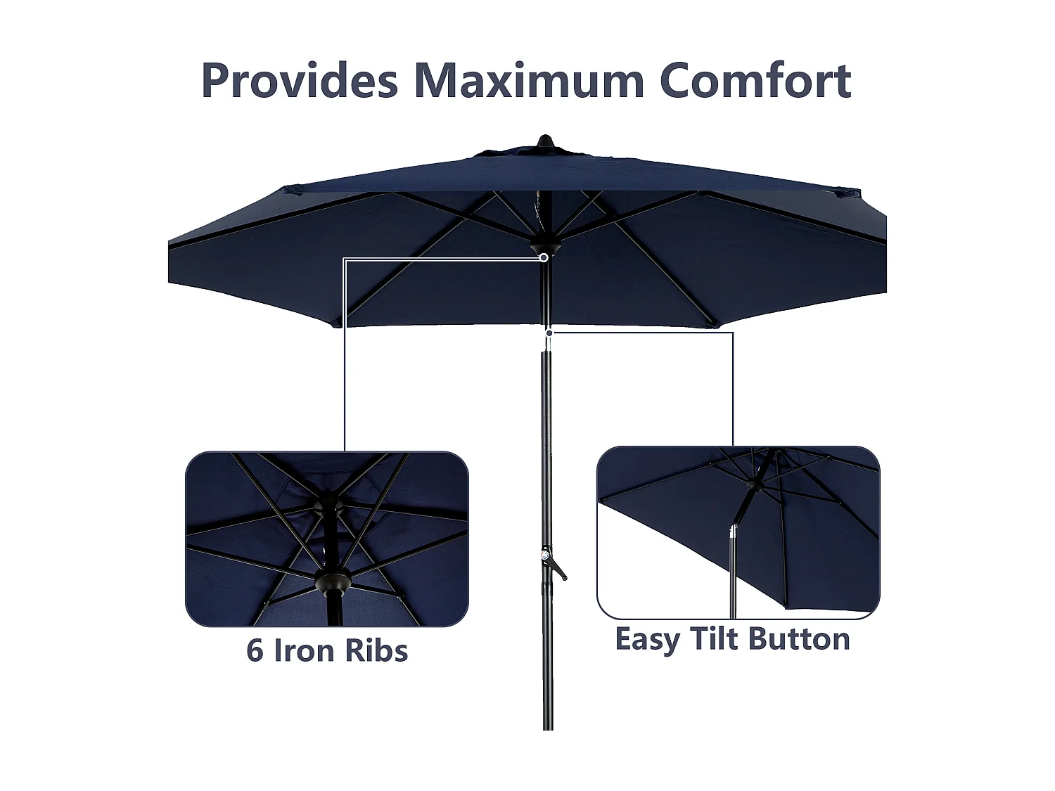 Parasol de jardin bleu nuit - Parasol extérieur monoposte - Protection solaire UPF 50+ - Grande taille de 264 cm pour terrasse et balcon