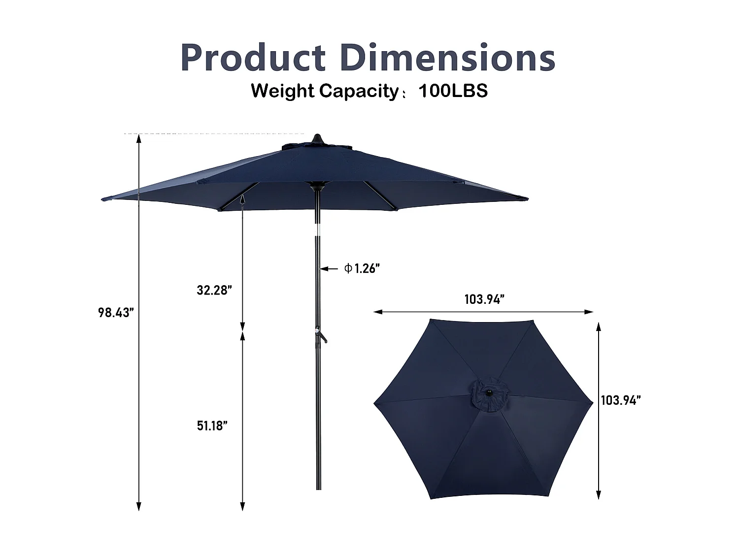 Parasol de jardin bleu nuit - Parasol extérieur monoposte - Protection solaire UPF 50+ - Grande taille de 264 cm pour terrasse et balcon
