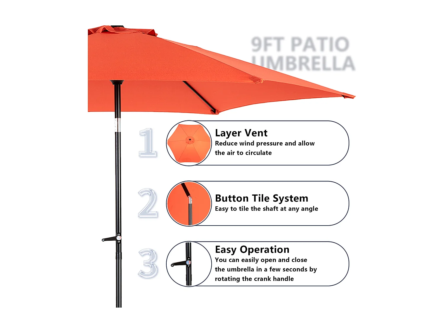 Parasol de jardin orange - Parasol extérieur monoposte - Protection solaire UPF 50+ - Grande taille de 264 cm pour terrasse et balcon