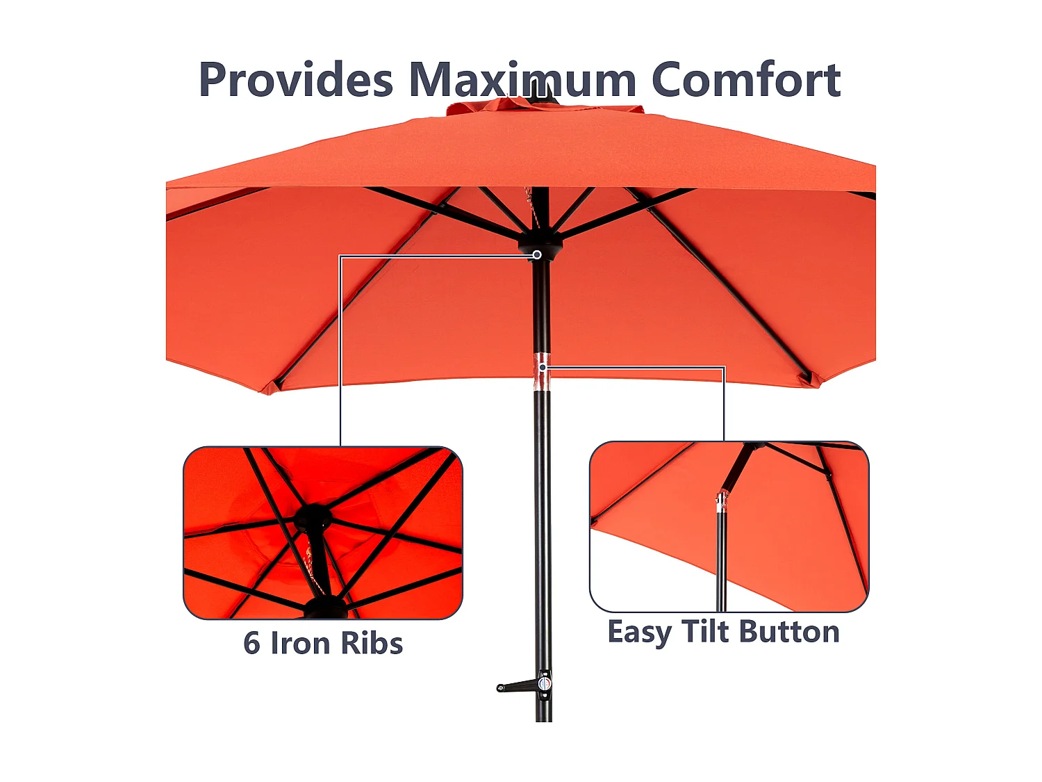 Parasol de jardin orange - Parasol extérieur monoposte - Protection solaire UPF 50+ - Grande taille de 264 cm pour terrasse et balcon