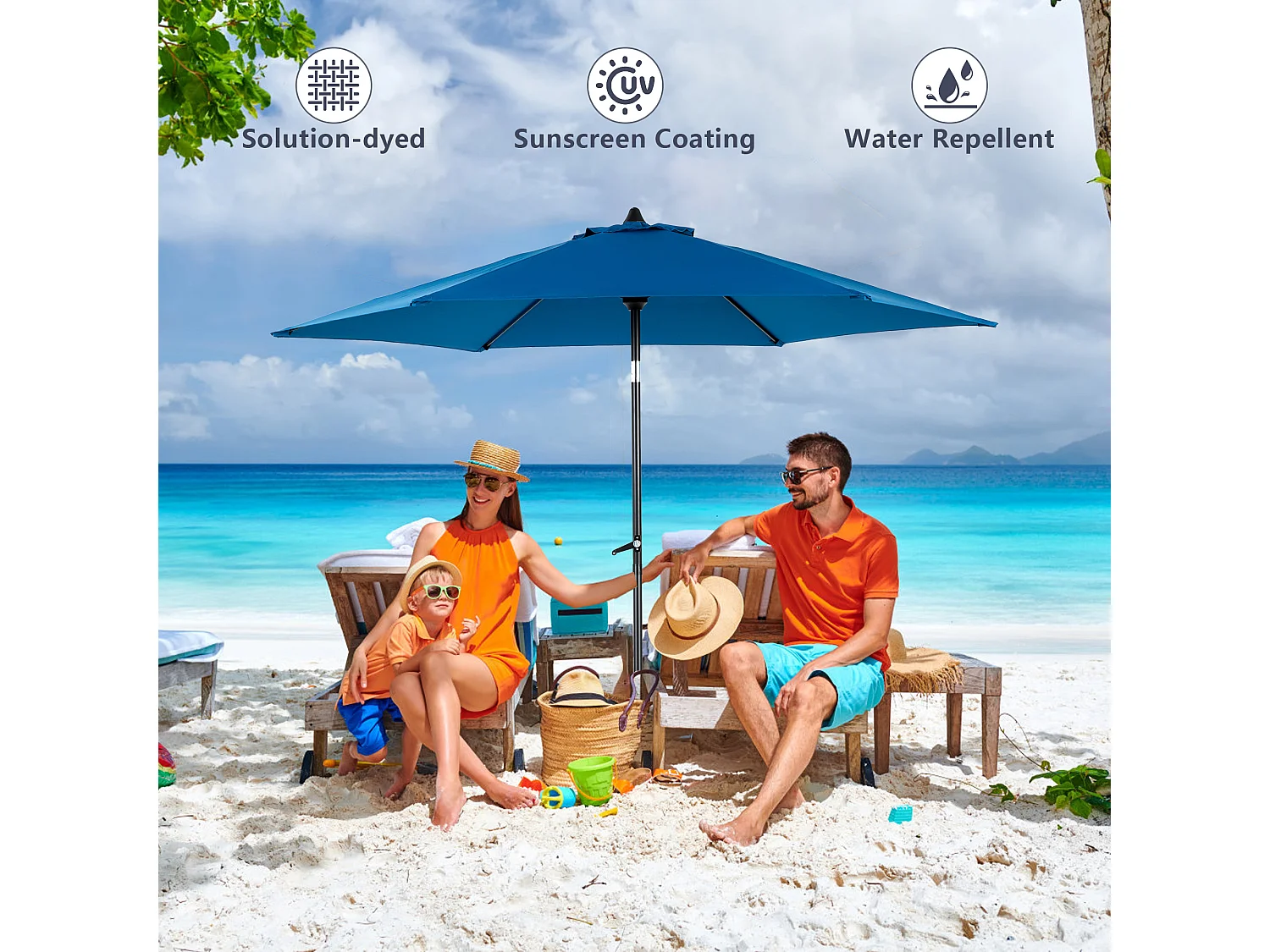 Parasol de jardin bleu ciel - Parasol extérieur monoposte - Protection solaire UPF 50+ - Grande taille de 264 cm pour terrasse et balcon